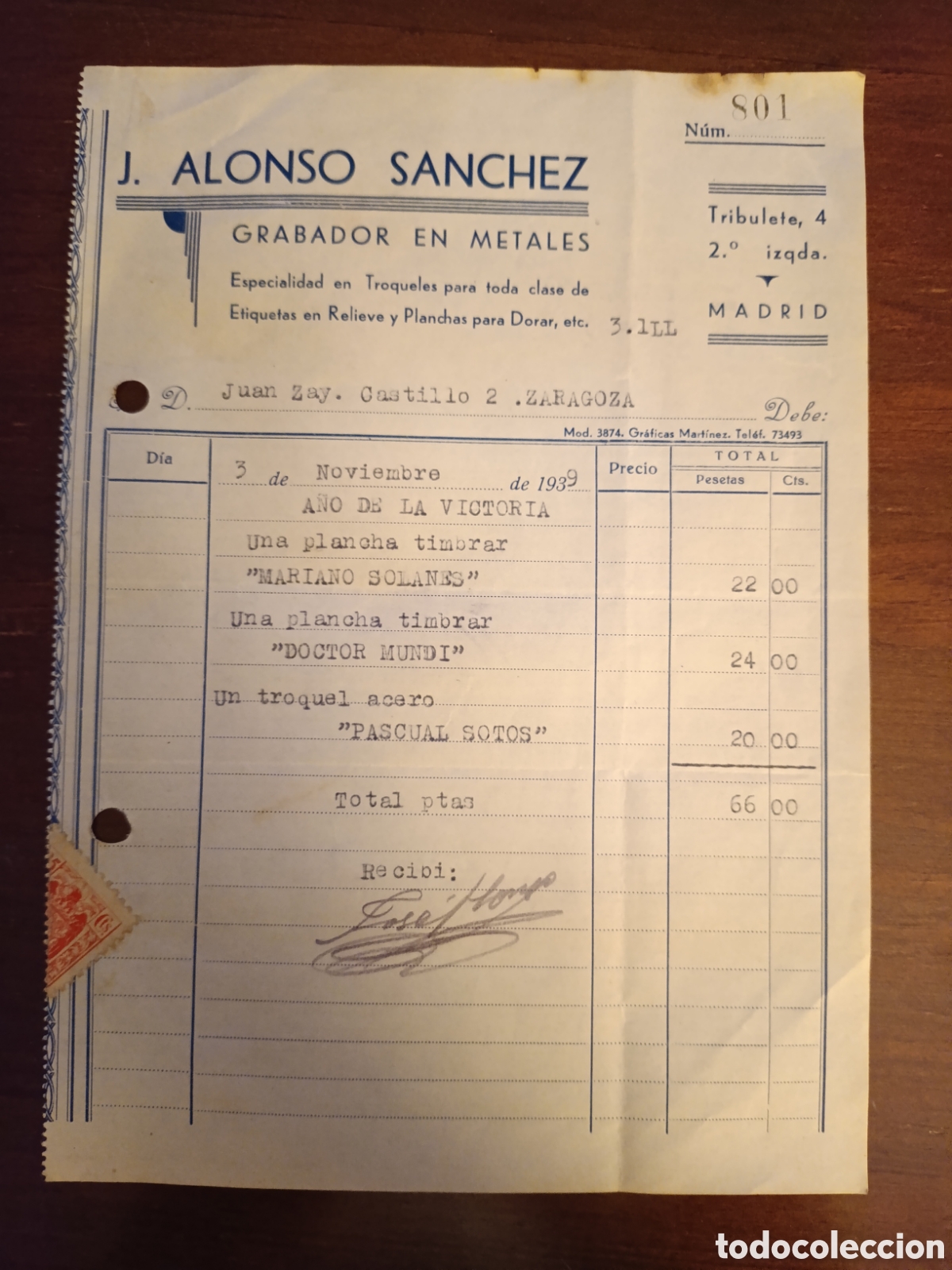 Facturas antiguas: FACTURA J ALONSO S&Aacute;NCHEZ GRABADOR EN METALES ZARAGOZA TRIPULANTE ,4 2.&deg; IZQUIERDA MADRID A&Ntilde;OS 30