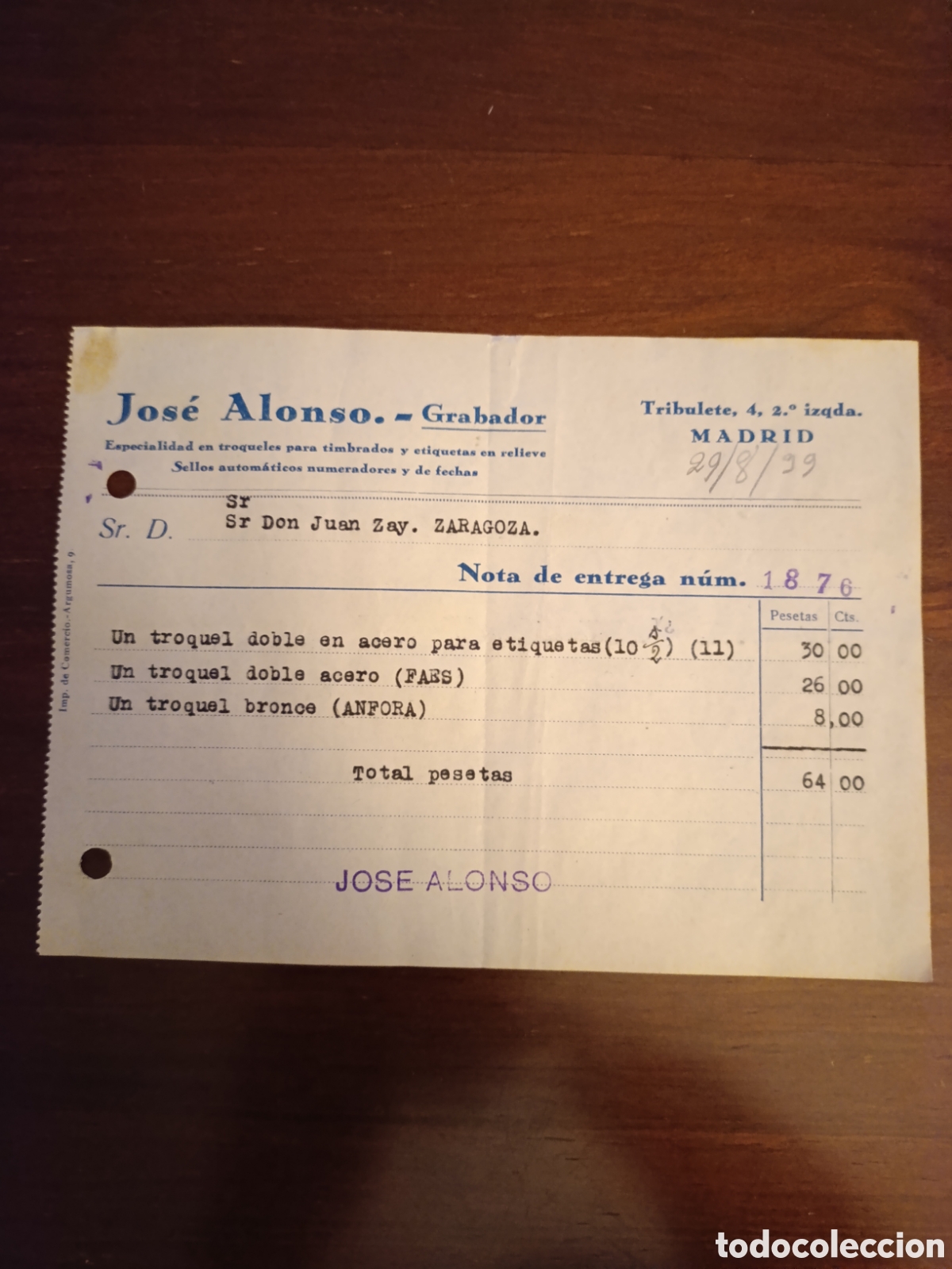 Facturas antiguas: FACTURA JOS&Eacute; ALONSO GRABADOR Zgz MADRID A&Ntilde;OS 30