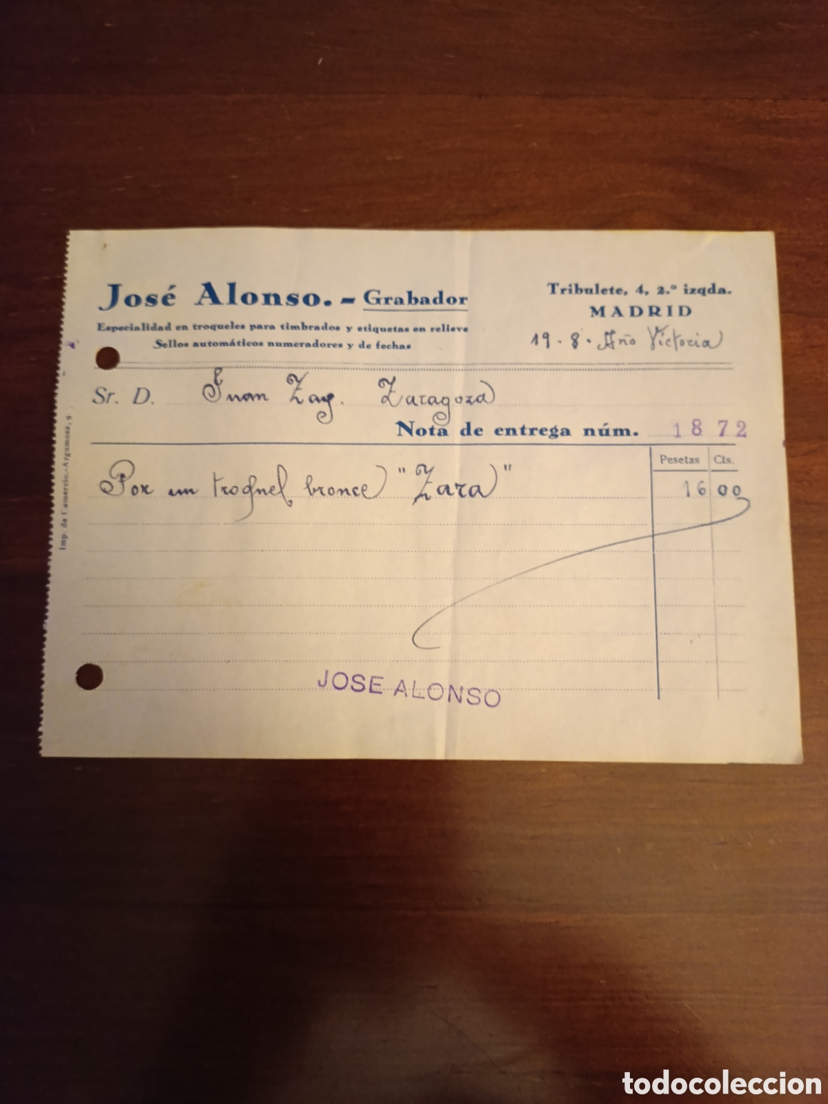Facturas antiguas: FACTURA JOS&Eacute; ALONSO GRABADOR Zgz MADRID A&Ntilde;OS 30