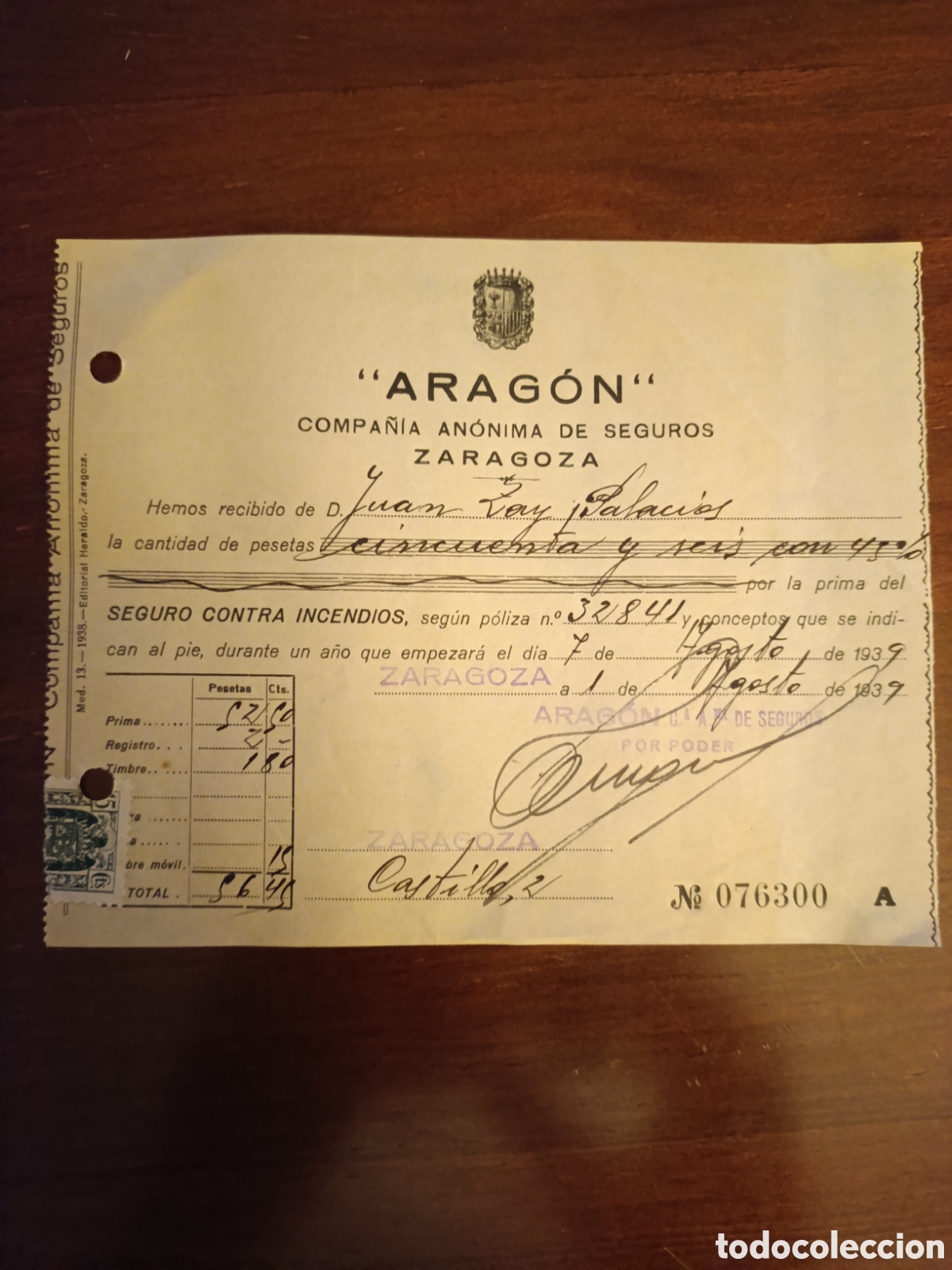 Facturas antiguas: FACTURA ARAG&Oacute;N COMPA&Ntilde;&Iacute;A AN&Oacute;NIMA DE SEGUROS ZARAGOZA A&Ntilde;OS 30