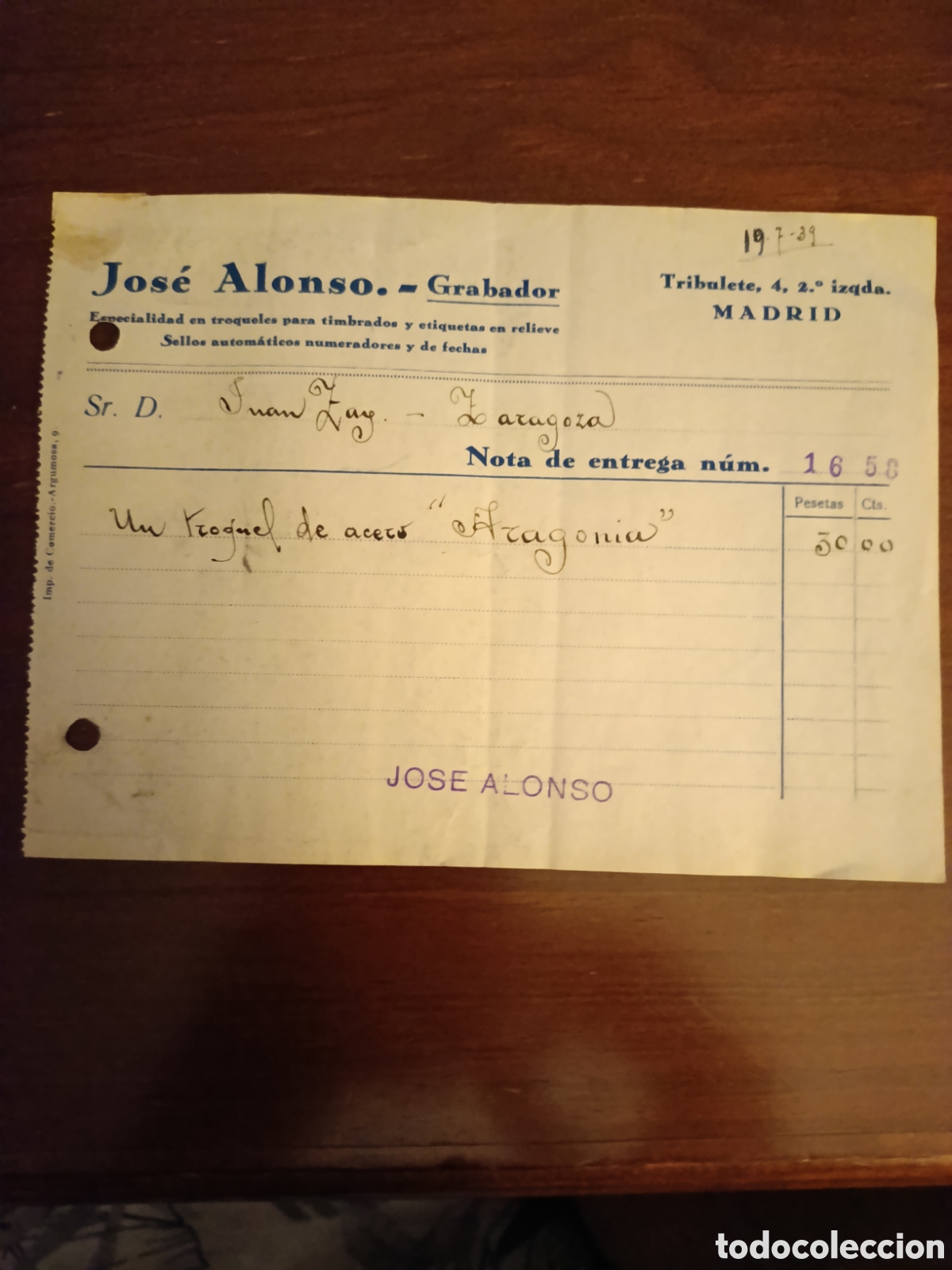 Facturas antiguas: FACTURA JOS&Eacute; ALONSO GRABADOR Zgz MADRID A&Ntilde;OS 30