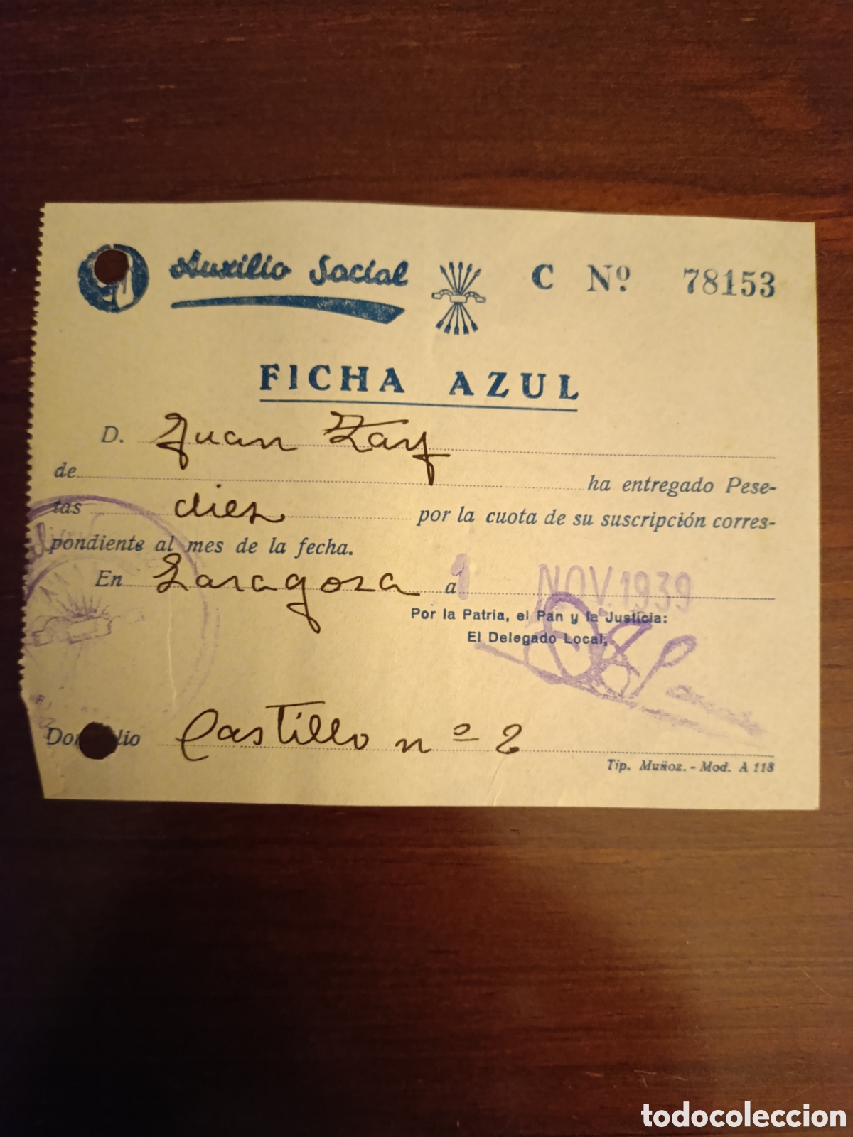 Factures anciennes: FACTURA AUXILIO SOCIAL FICHA AZUL ZARAGOZA A&Ntilde;OS 30