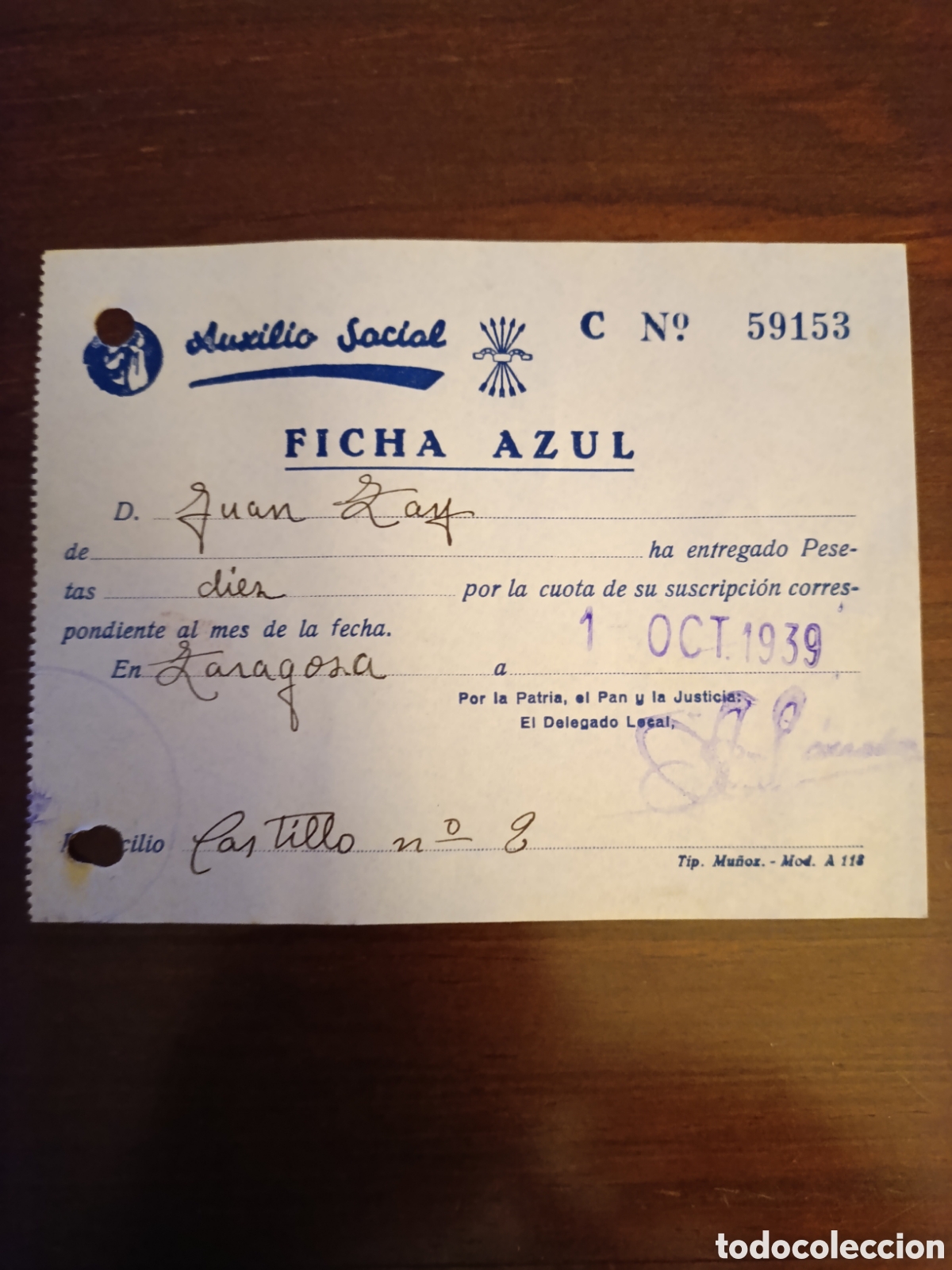 Factures anciennes: FACTURA AUXILIO SOCIAL FICHA AZUL ZARAGOZA A&Ntilde;OS 30