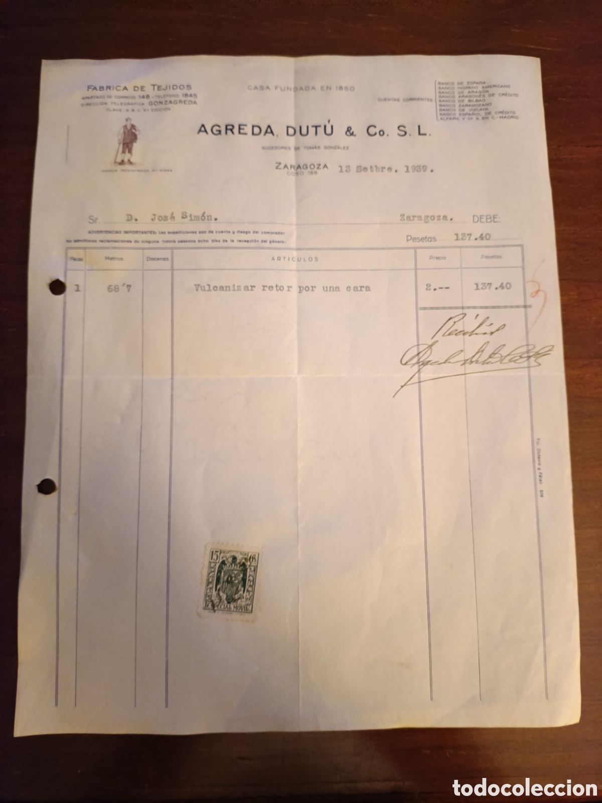 Facturas antiguas: FACTURA F&Aacute;BRICA DE TEJIDOS AGREDA, DUT&Uacute; Y CO. S.L ZARAGOZA A&Ntilde;OS 30