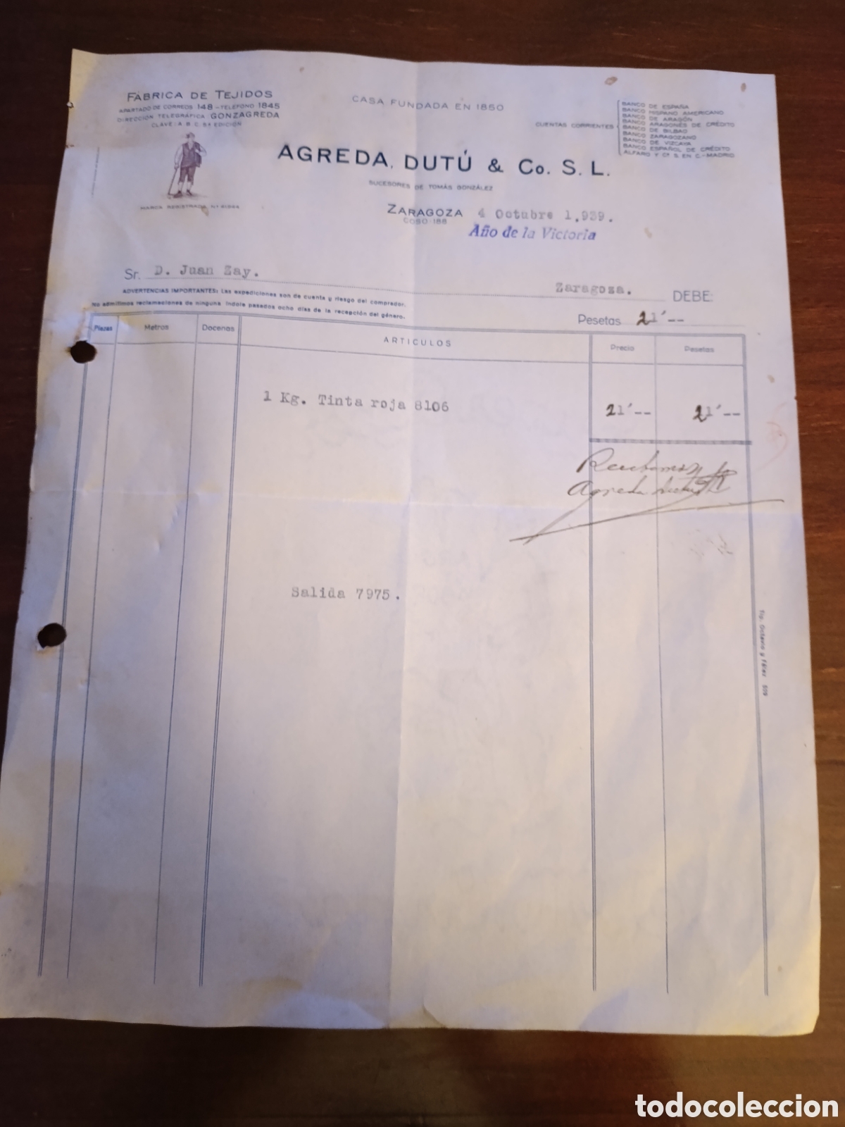 Facturas antiguas: FACTURA F&Aacute;BRICA DE TEJIDOS AGREDA, DUT&Uacute; Y CO. S.L ZARAGOZA A&Ntilde;OS 30