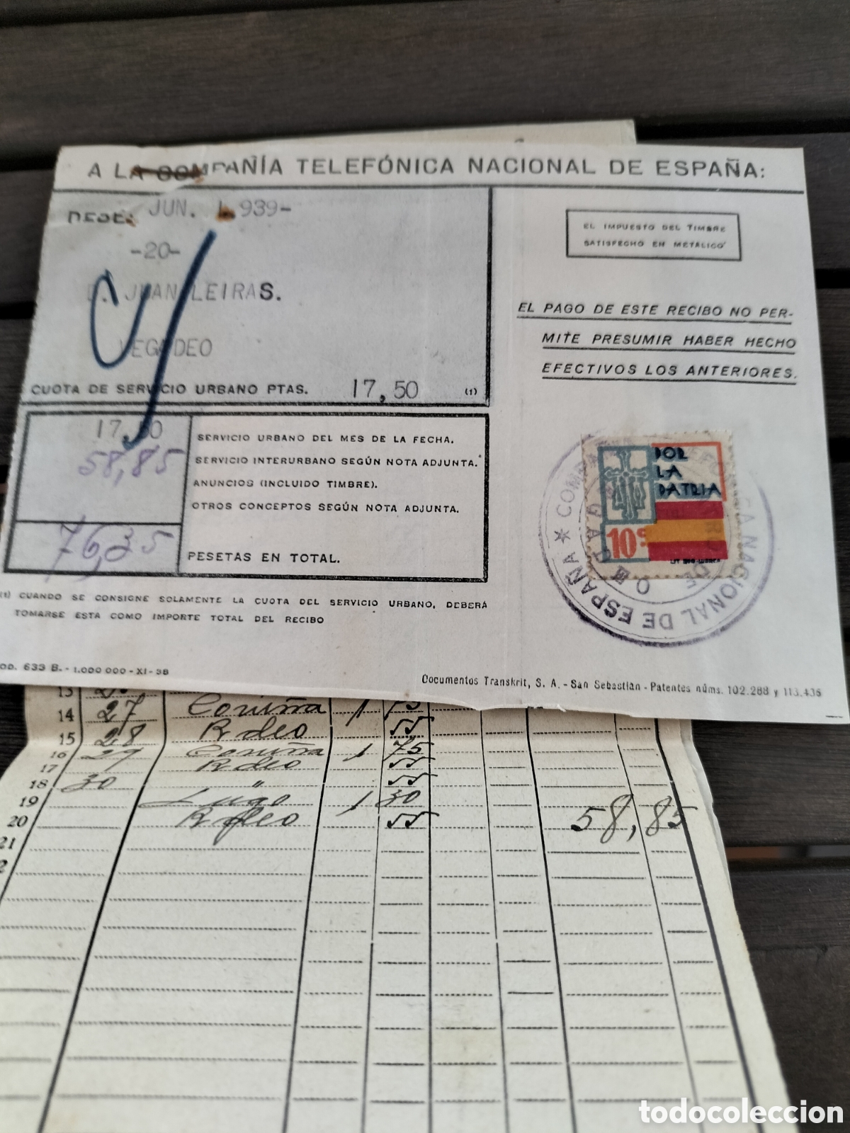 Facturas antiguas: Vegadeo Compa&ntilde;&iacute;a Telef&oacute;nica Nacional de Espa&ntilde;a. 1939.