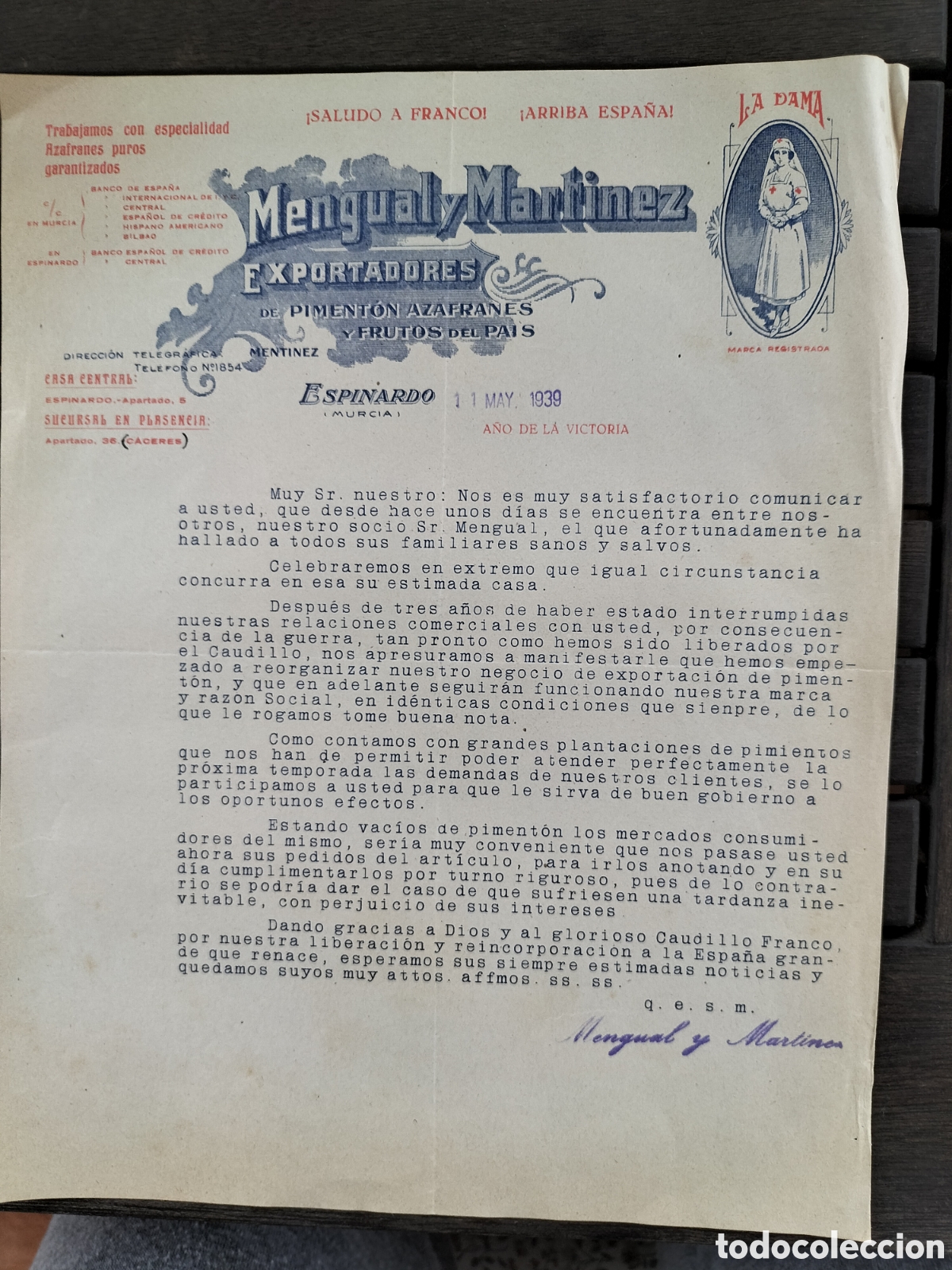 Faturas antigas: Espinardo. Mengual y Mart&iacute;nez. Exportadores de Piment&oacute;n y Azafranes. 1939.