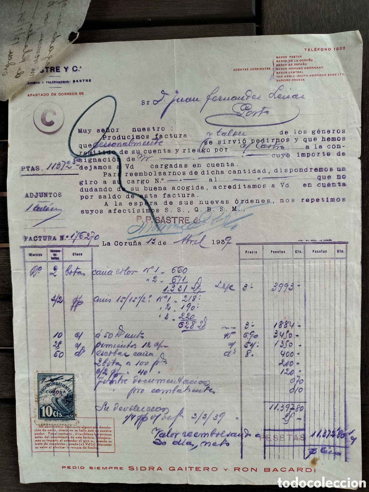 Facturas antiguas: Factura P.P. Sastre. La Coru&ntilde;a 1939.