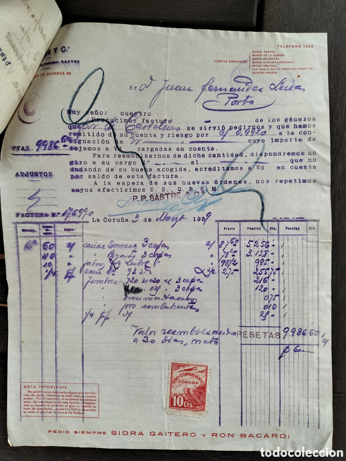 Facturas antiguas: Sastre y Ca La Coru&ntilde;a. 1939. - Foto 3