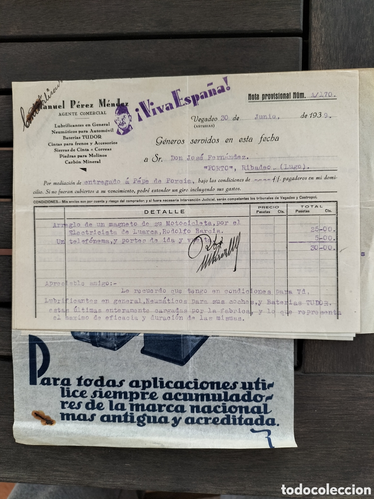 Facturas antiguas: Vegadeo. Tres Facturas, Hoja Publicitaria y Carta. Manuel P&eacute;rez M&eacute;ndez. 1939.