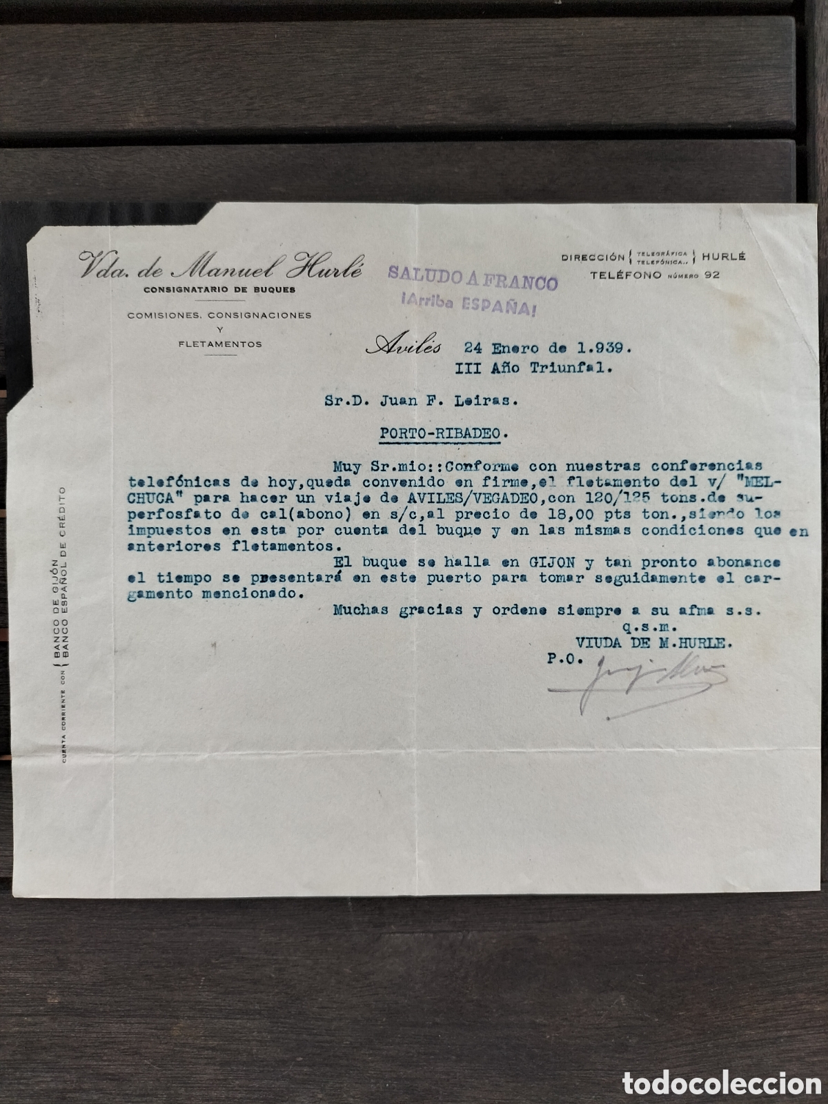 Old Invoices: Avil&eacute;s. Viuda de Manuel Hurle Consignatario de Buques. 1939.