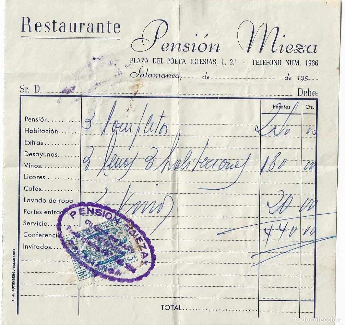 Facturas antiguas: Factura Pensi&oacute;n Mieza, Salamanca. A&ntilde;os 50.