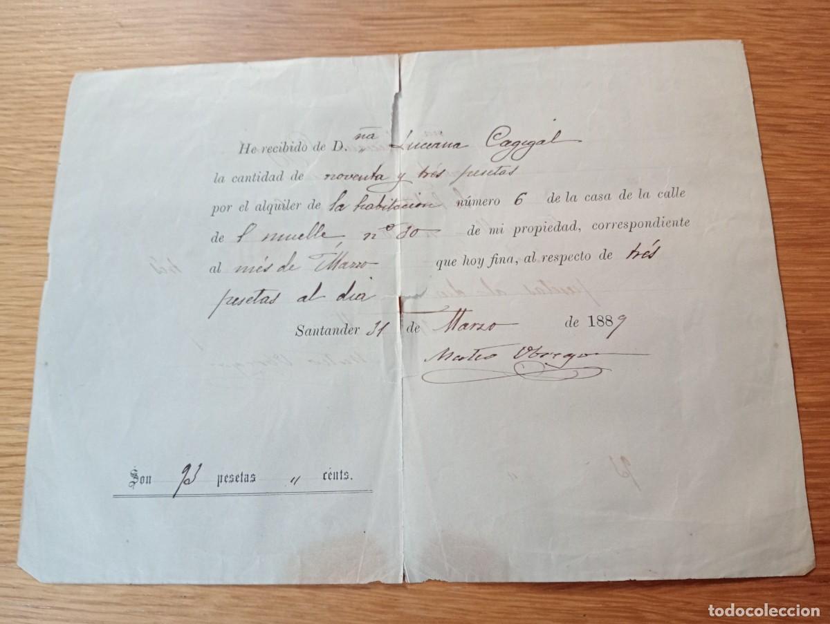 Alte Rechnungen: A&Ntilde;O 1889. RECIBO DE ALQUILER DE HABITACI&Oacute;N DE HOTEL EN SANTANDER POR 3 PESETAS AL D&Iacute;A.