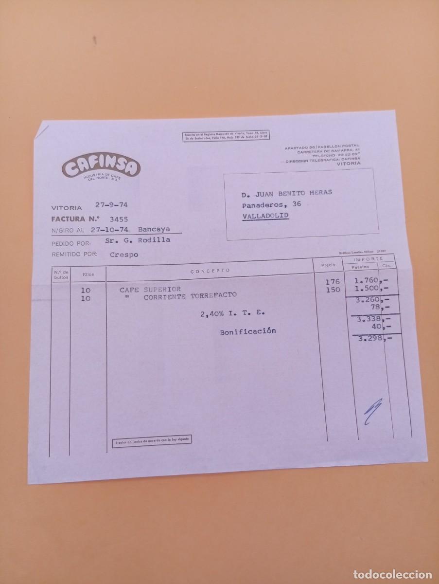 Alte Rechnungen: FACTURA. VITORIA. 1974. CAFINSA. INDUSTRIA DE CAFE DEL NORTE, S. A.