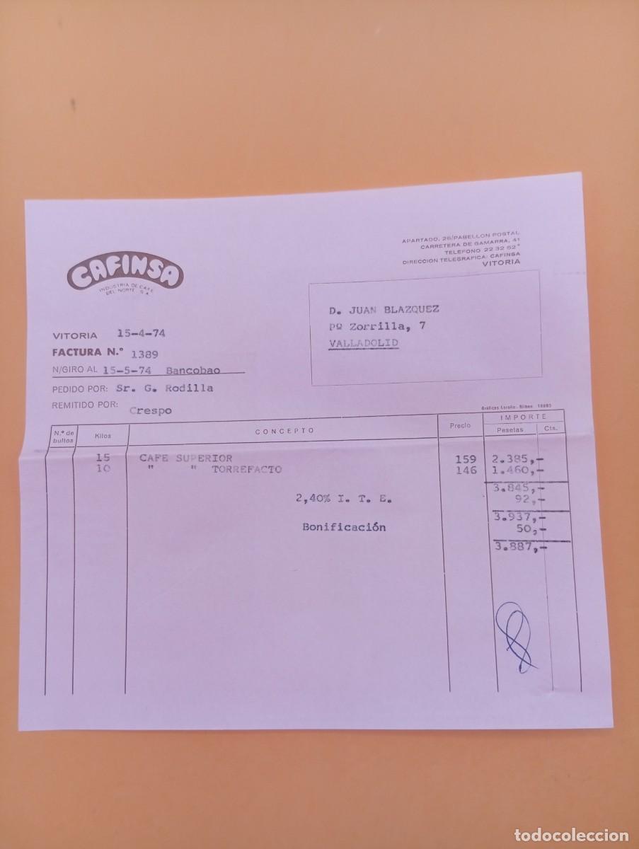 Alte Rechnungen: FACTURA. VITORIA. 1974. CAFINSA. INDUSTRIA DE CAFE DEL NORTE, S. A.