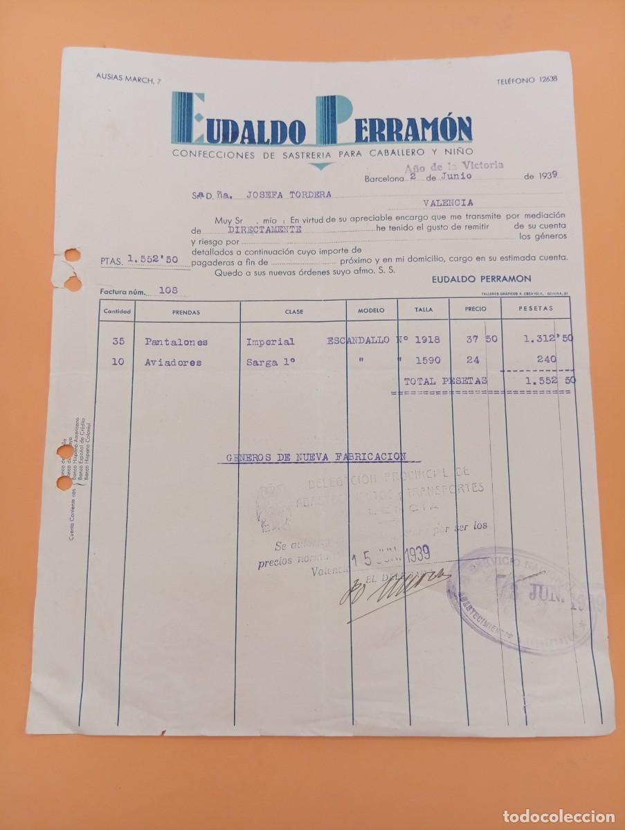 Facturas antiguas: FACTURA. BARCELONA. 1939. CONFECCIONES DE SASTRERIA PARA CABALLERO Y NI&Ntilde;O. EUDALDO PERRAMON.