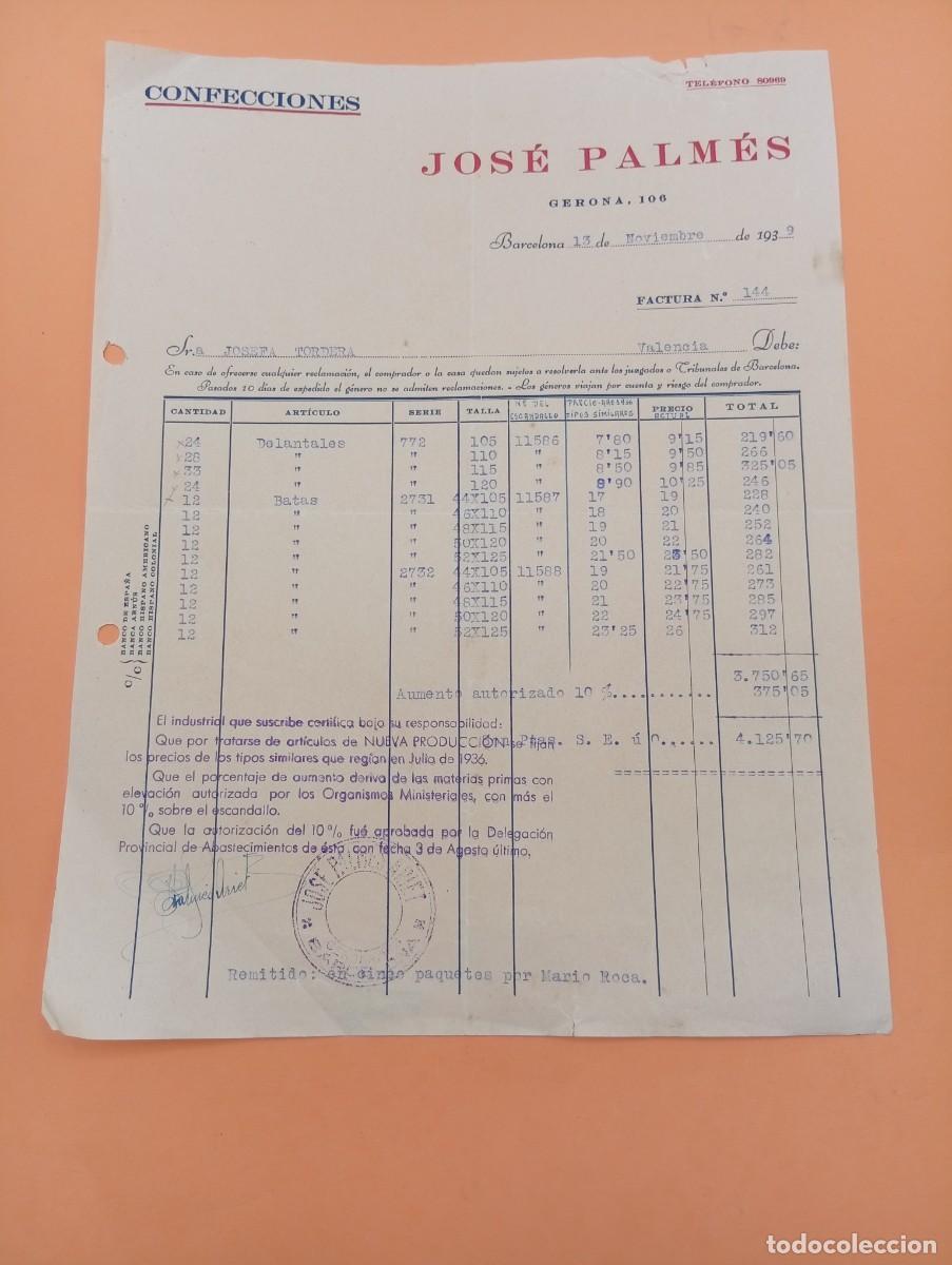 Facturas antiguas: FACTURA. BARCELONA. 1939. CONFECCIONES. JOSE PALMES.