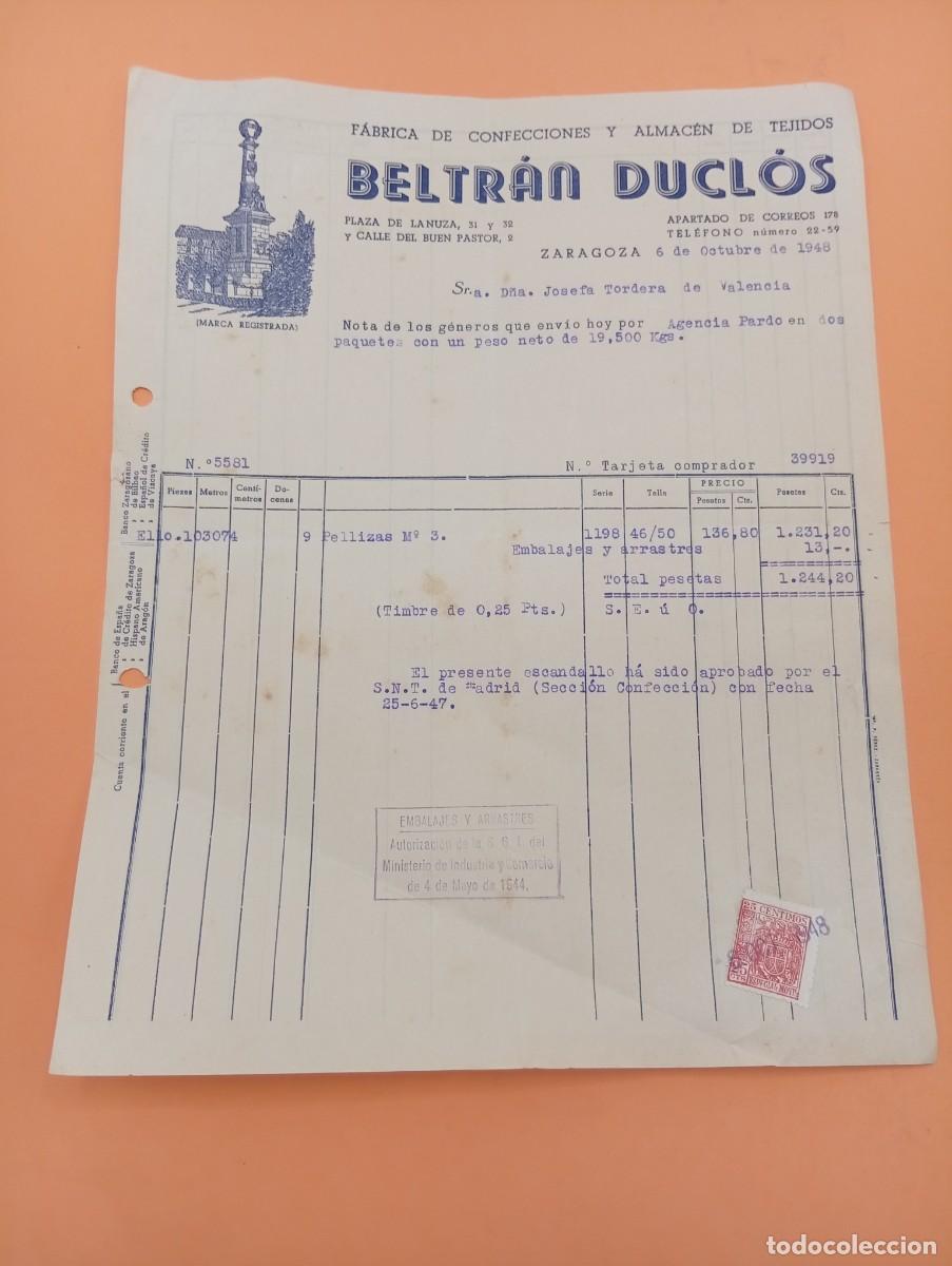 Facturas antiguas: FACTURA. ZARAGOZA. 1948. F&Aacute;BRICA DE CONFECCIONES. BELTR&Aacute;N DUCL&Oacute;S.