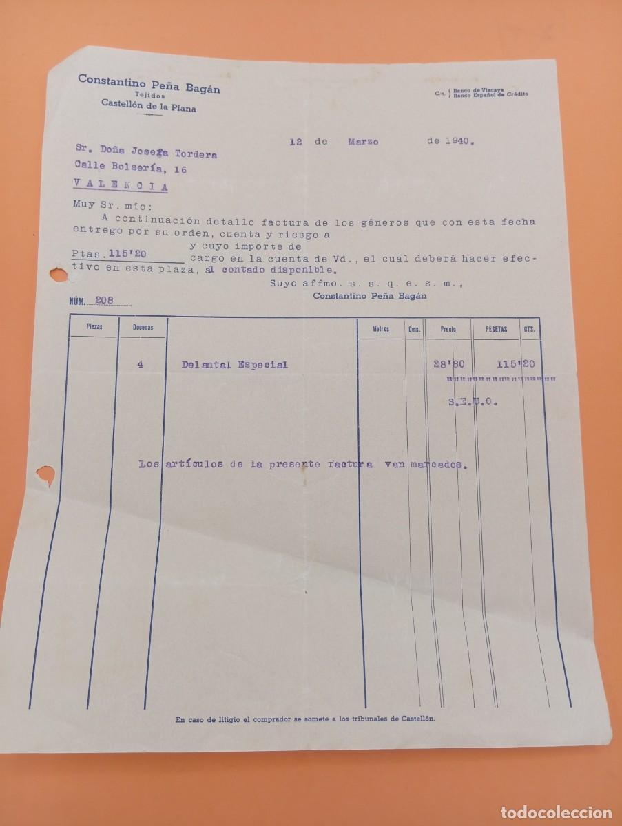 Facturas antiguas: FACTURA. CASTELLON DE LA PLANA. 1940. TEJIDOS. CONSTANTINO PE&Ntilde;A BAG&Aacute;N.