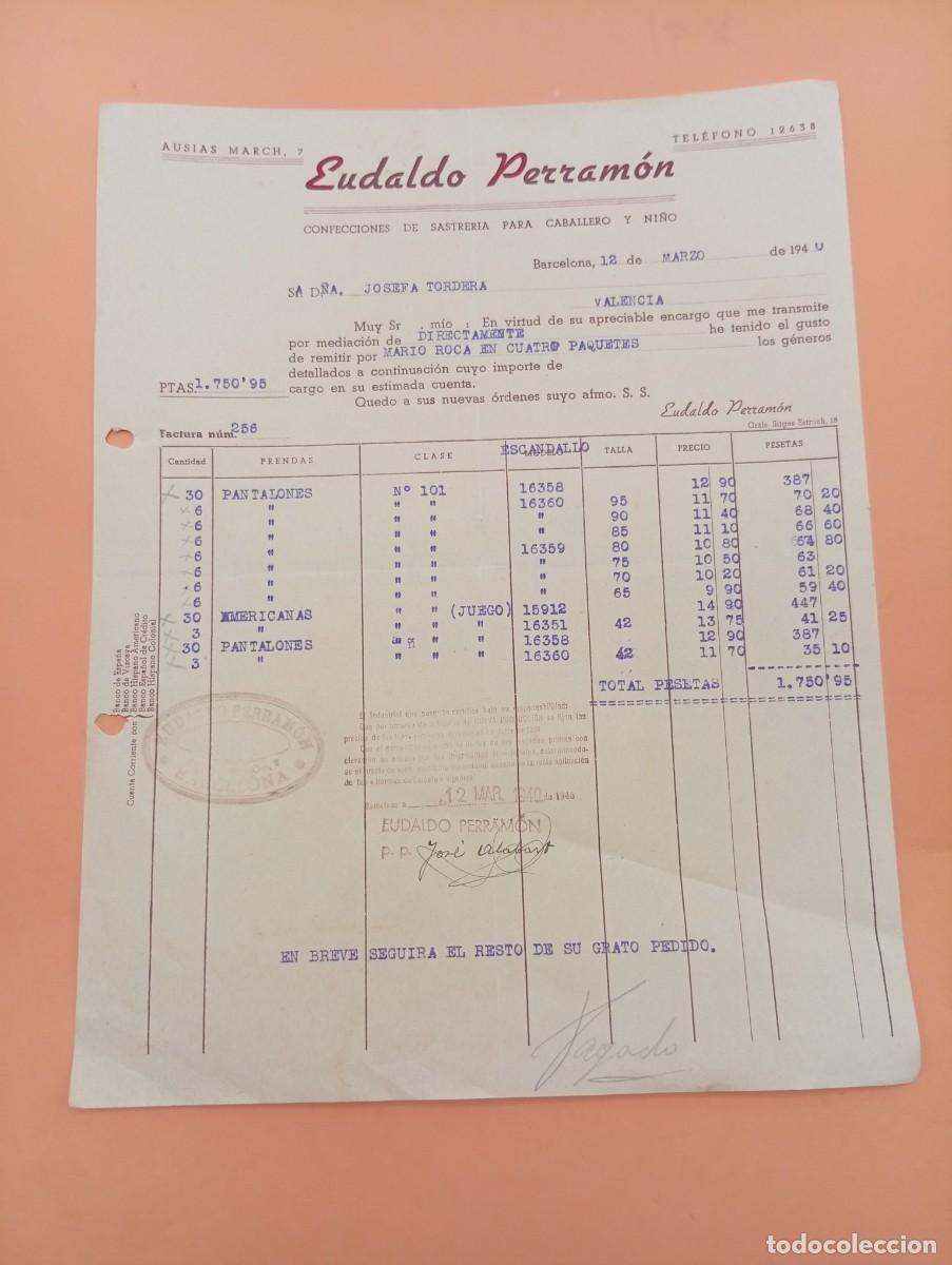Facturas antiguas: FACTURA. BARCELONA. 1940. CONFECCIONES DE SASTRERIA PARA CABALLERO Y NI&Ntilde;O. EUDALDO PERRAMON.