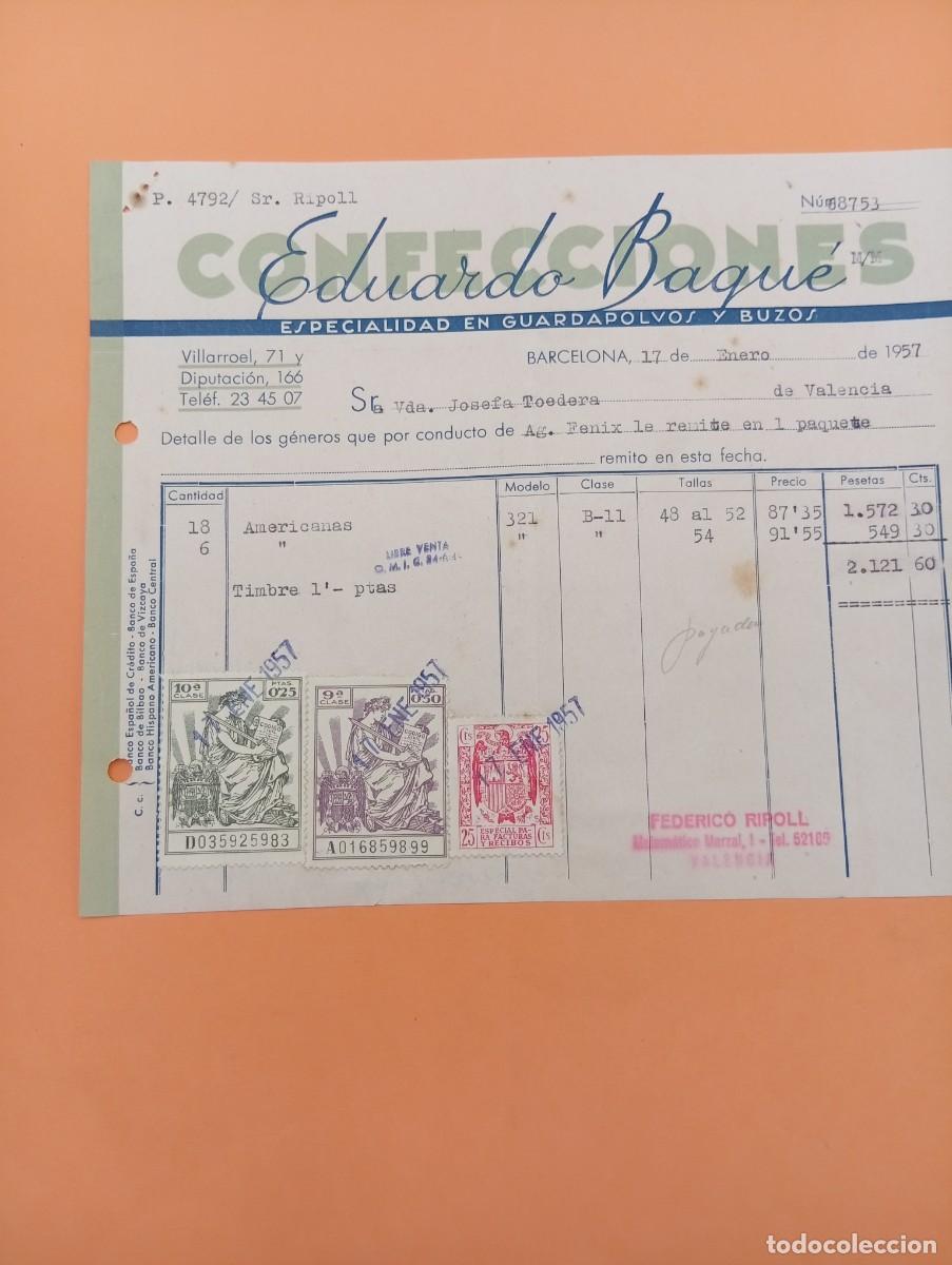 Facturas antiguas: FACTURA. BARCELONA. 1957. CONFECCIONES EDUARDO BAQU&Eacute;. ESPECIALIDAD EN GUARDAPOLVOS Y BUZOS.