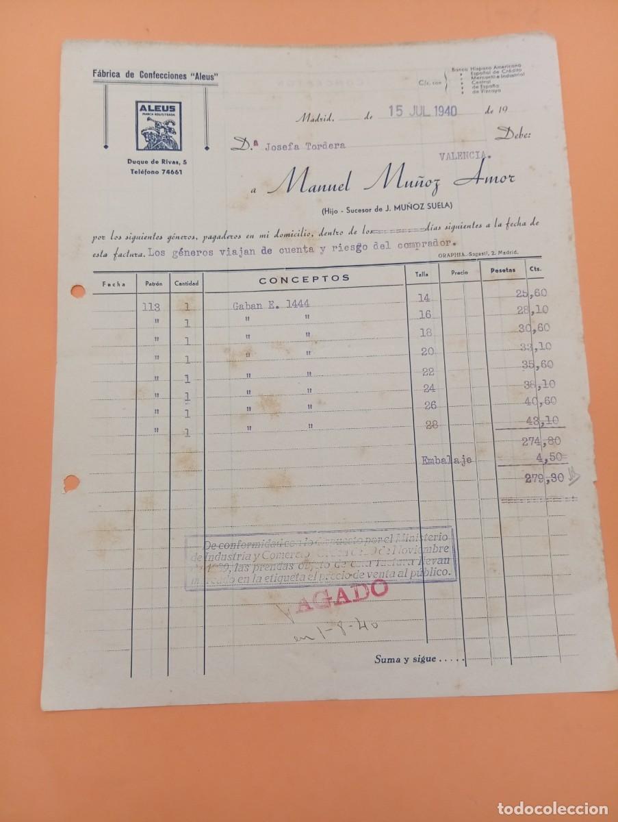 Facturas antiguas: FACTURA. MADRID. 1940. F&Aacute;BRICA DE CONFECCIONES. ALEUS. MANUEL MU&Ntilde;OZ AMOR.