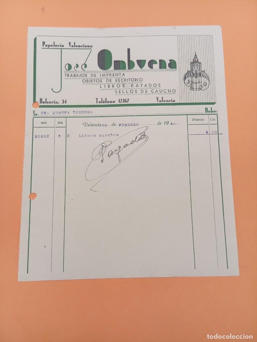 Faturas antigas: FACTURA. VALENCIA. 1940. PAPELERIA VALENCIANA. TRABAJOS DE IMPRENTA. JOS&Eacute; OMBUENA.