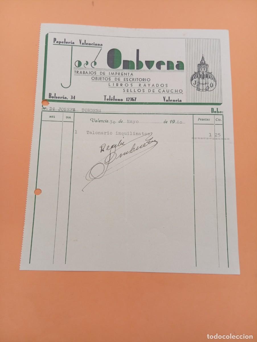 Faturas antigas: FACTURA. VALENCIA. 1940. PAPELERIA VALENCIANA. TRABAJOS DE IMPRENTA. JOS&Eacute; OMBUENA.