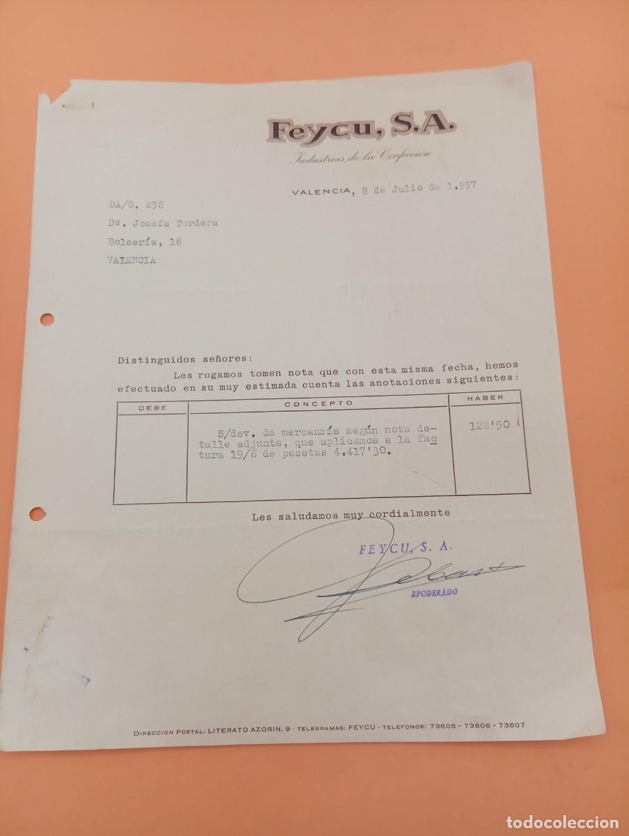 Facturas antiguas: FACTURA. VALENCIA. 1957. INDUSTRIAS DE LA CONFECCION. FEYCU, S. A.