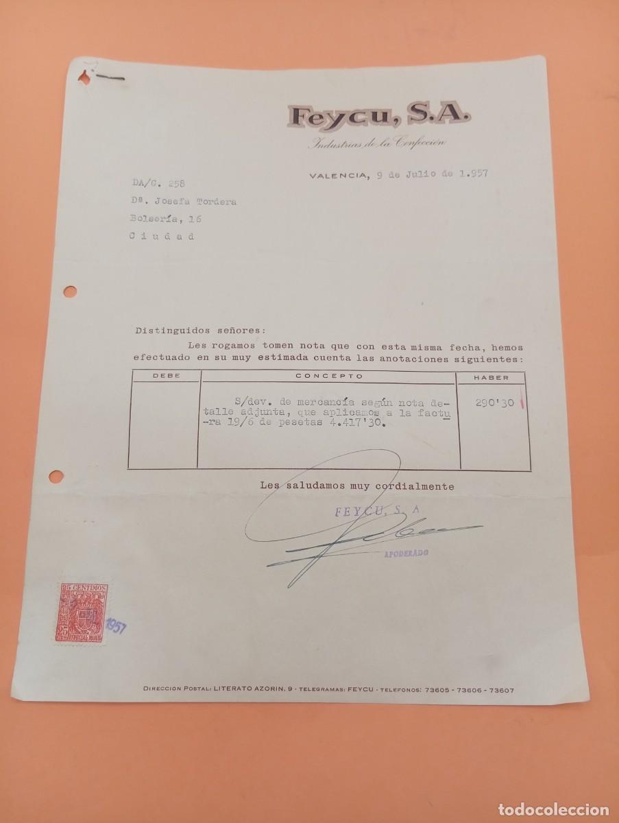 Facturas antiguas: FACTURA. VALENCIA. 1957. INDUSTRIAS DE LA CONFECCION. FEYCU, S. A.