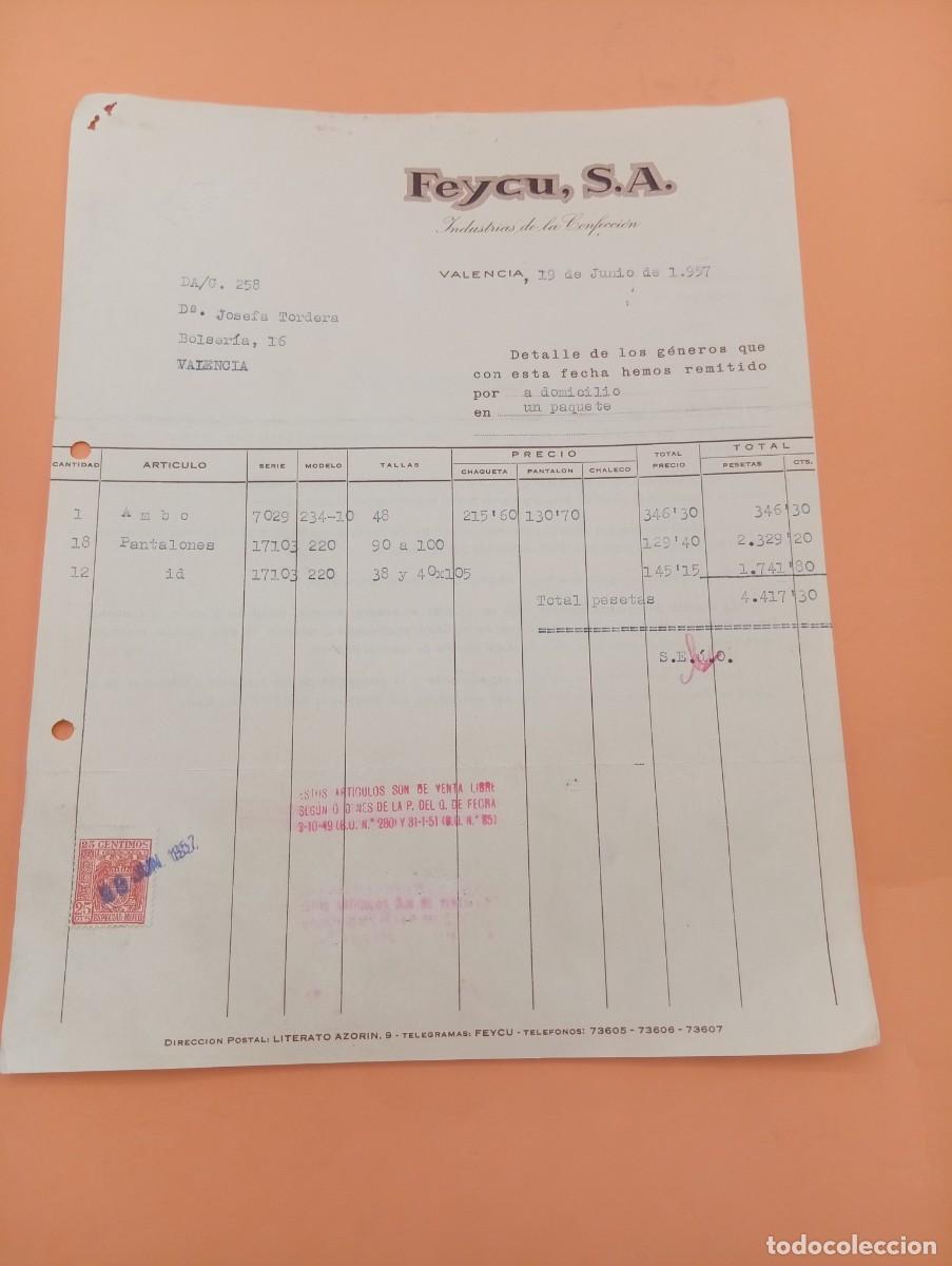 Facturas antiguas: FACTURA. VALENCIA. 1957. INDUSTRIAS DE LA CONFECCION. FEYCU, S. A.