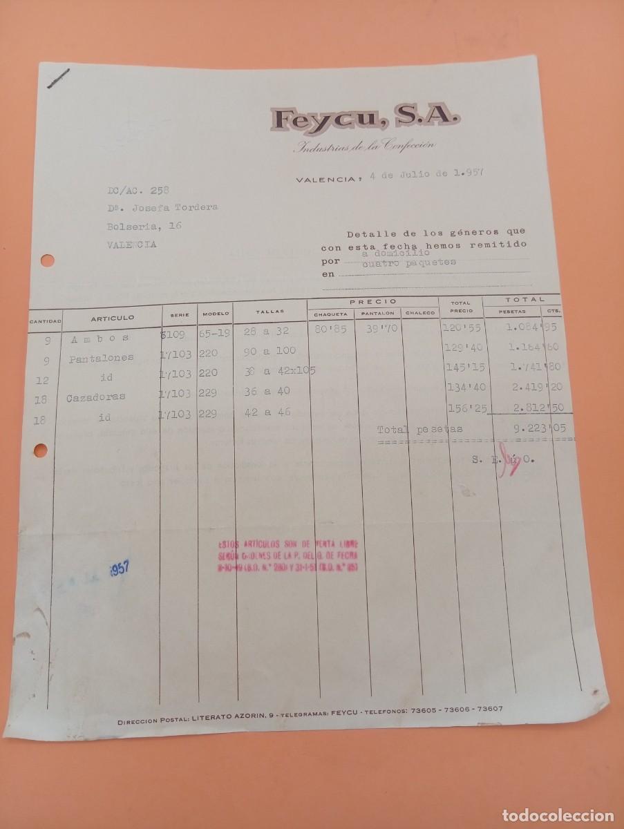 Facturas antiguas: FACTURA. VALENCIA. 1957. INDUSTRIAS DE LA CONFECCION. FEYCU, S. A.
