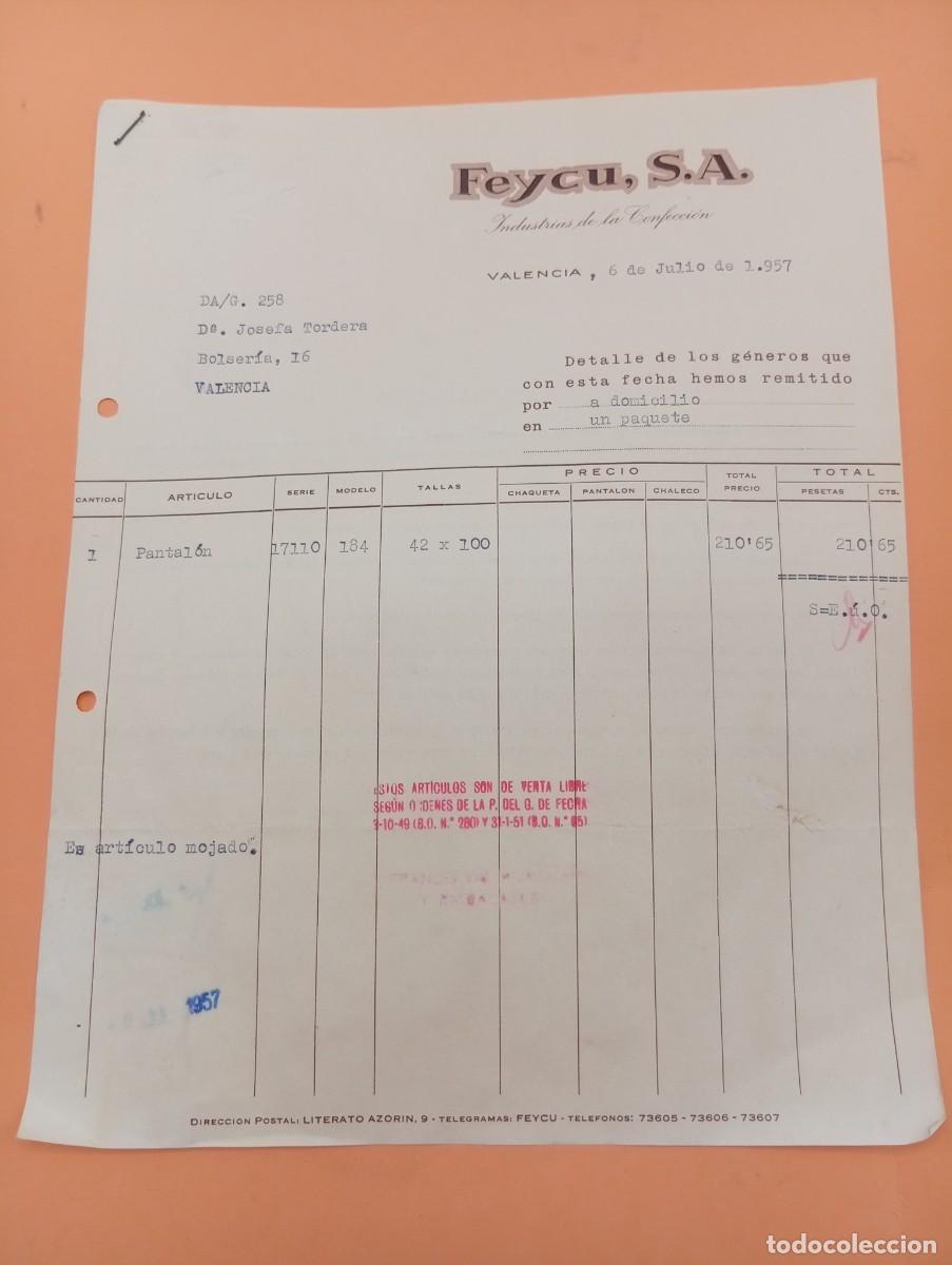 Facturas antiguas: FACTURA. VALENCIA. 1957. INDUSTRIAS DE LA CONFECCION. FEYCU, S. A.