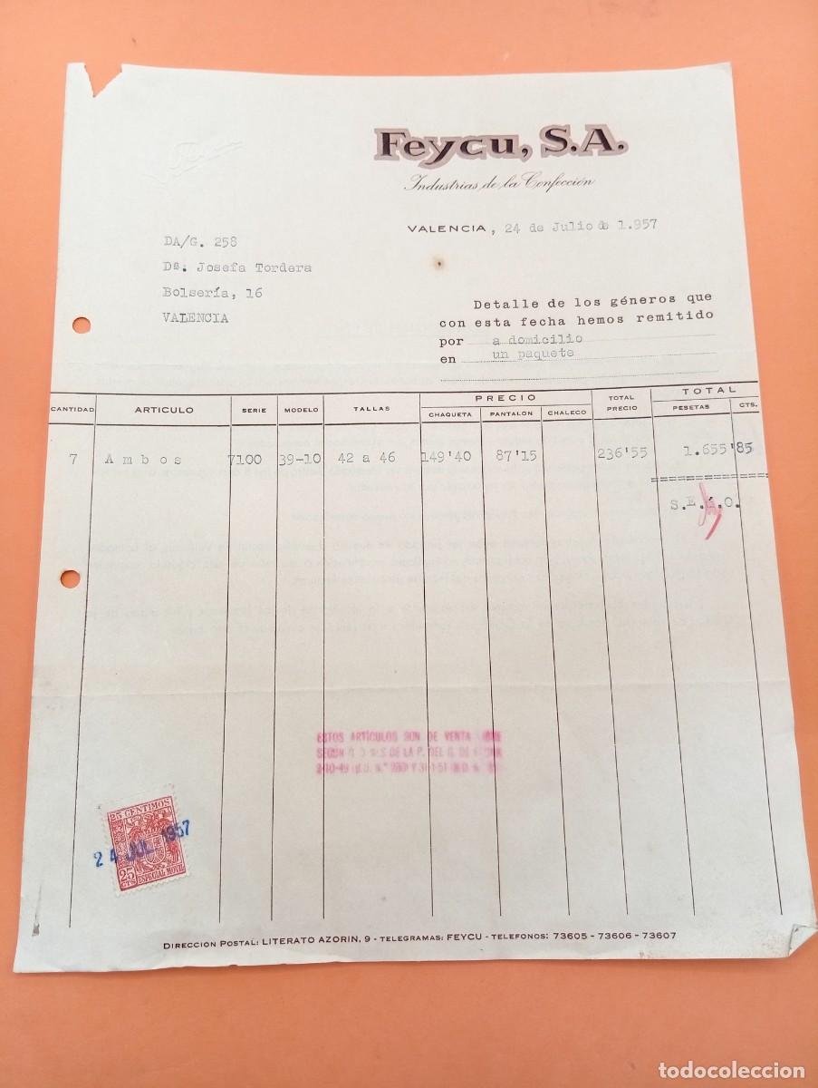 Facturas antiguas: FACTURA. VALENCIA. 1957. INDUSTRIAS DE LA CONFECCION. FEYCU, S. A.