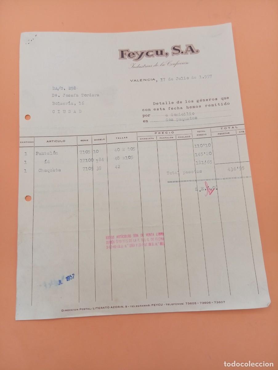 Faturas antigas: FACTURA. VALENCIA. 1957. INDUSTRIAS DE LA CONFECCION. FEYCU, S. A.