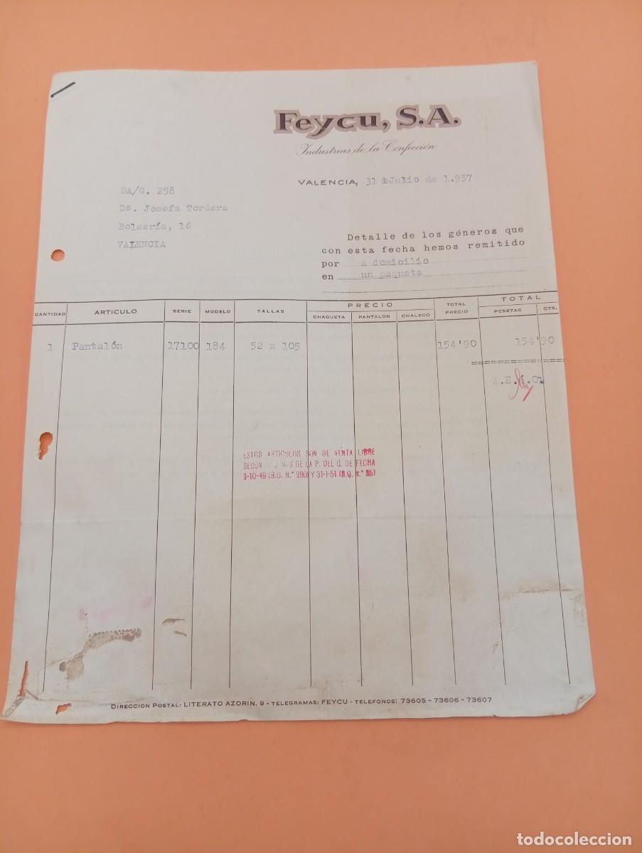 Faturas antigas: FACTURA. VALENCIA. 1957. INDUSTRIAS DE LA CONFECCION. FEYCU, S. A.