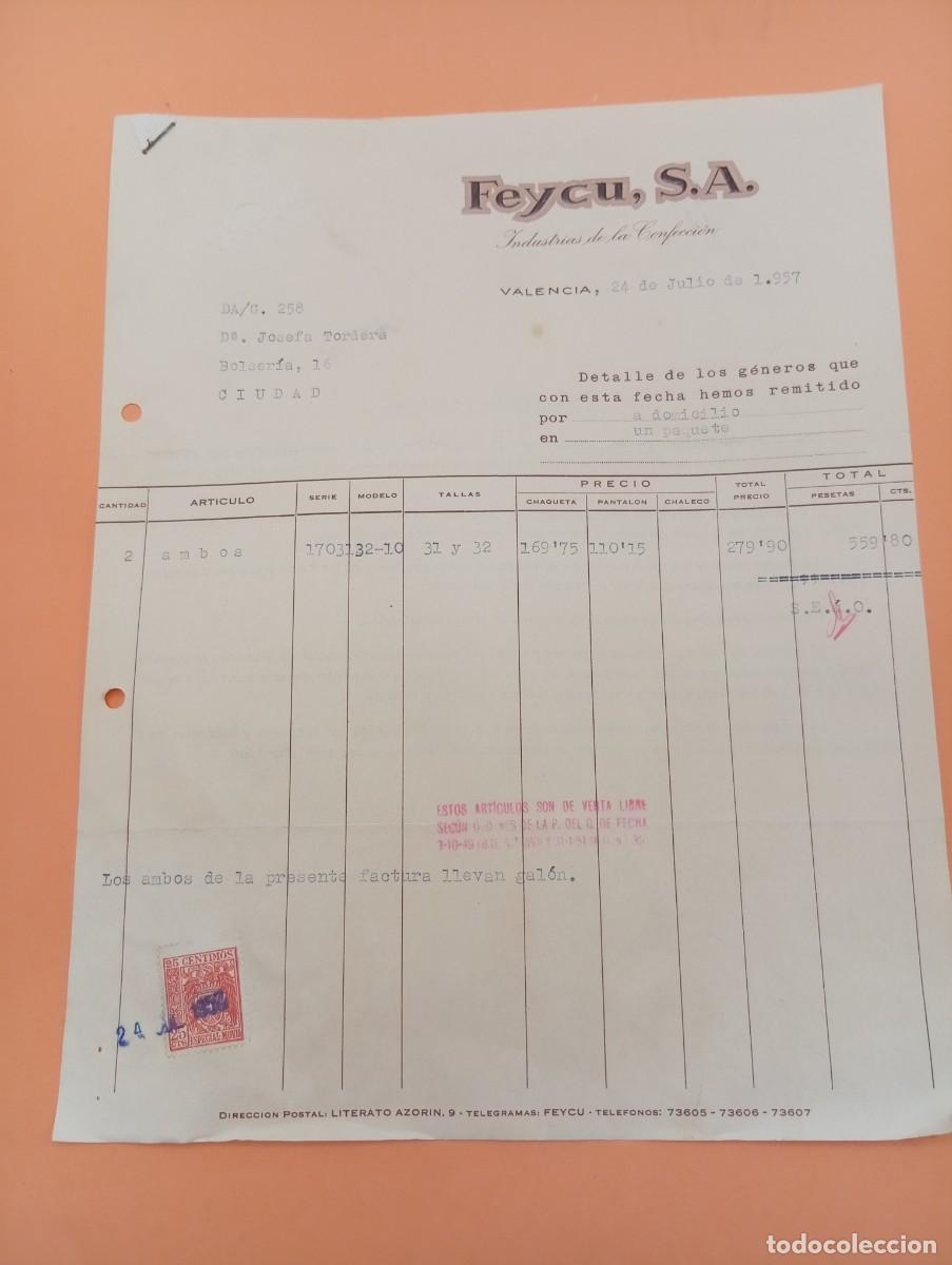 Faturas antigas: FACTURA. VALENCIA. 1957. INDUSTRIAS DE LA CONFECCION. FEYCU, S. A.