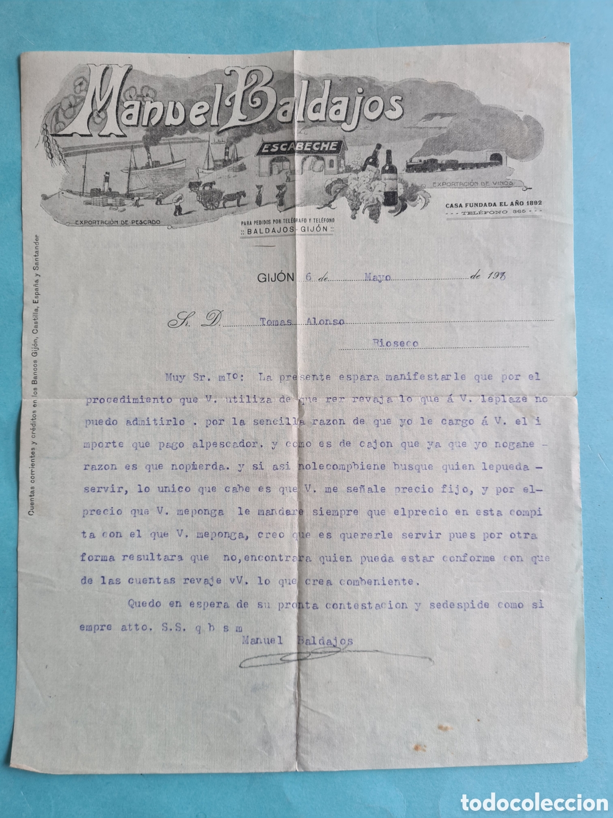 Fatture antiche: CARTA / FACTURA ANTIGUA - GIJON (ASTURIAS) MANUEL BALDAJOS / MEDINA DE RIOSECO (VALLADOLID) - 1915