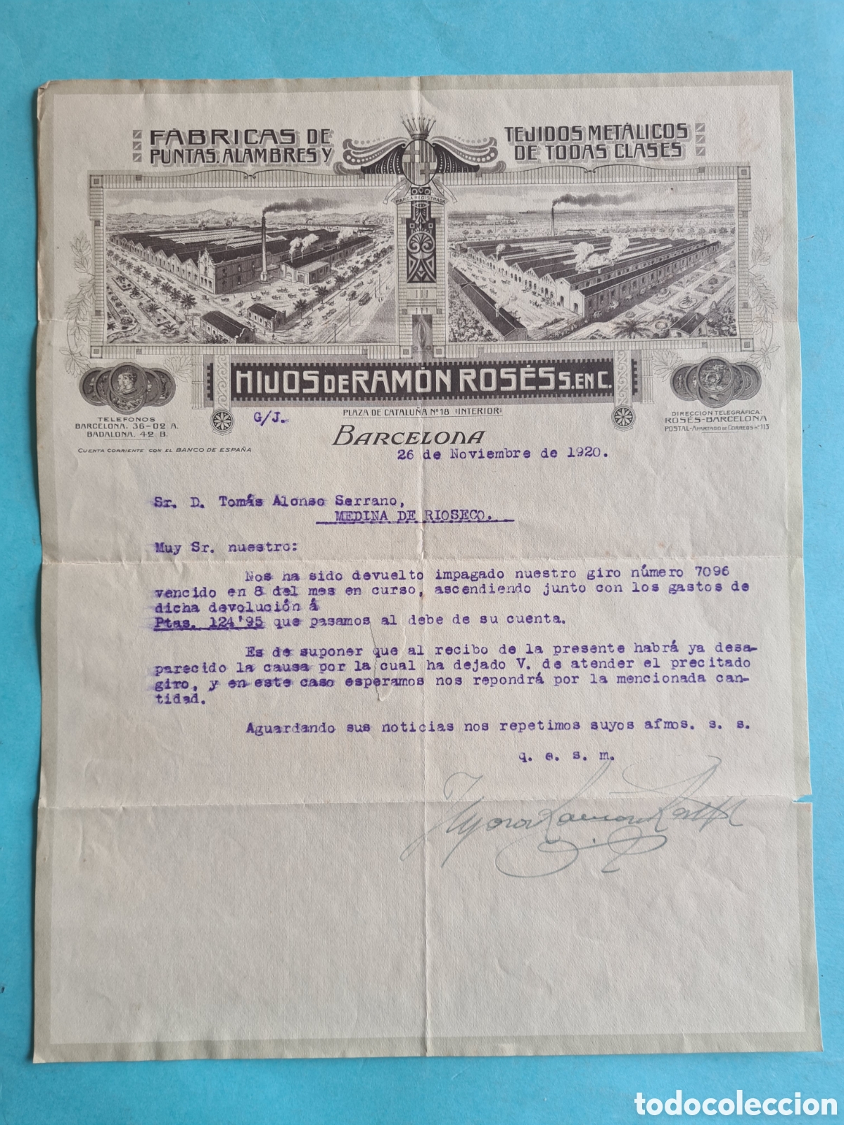 Factures anciennes: CARTA / FACTURA ANTIGUA - BARCELONA TEJIDOS METALICOS / MEDINA DE RIOSECO (VALLADOLID) - 1920