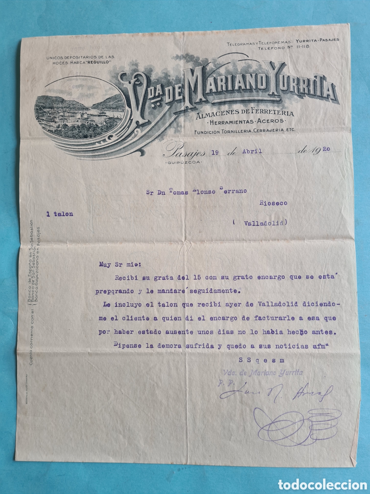 Factures anciennes: CARTA / FACTURA ANTIGUA - PASAJES (GUIPUZCOA) FERRETERIA / MEDINA DE RIOSECO (VALLADOLID) - 1920
