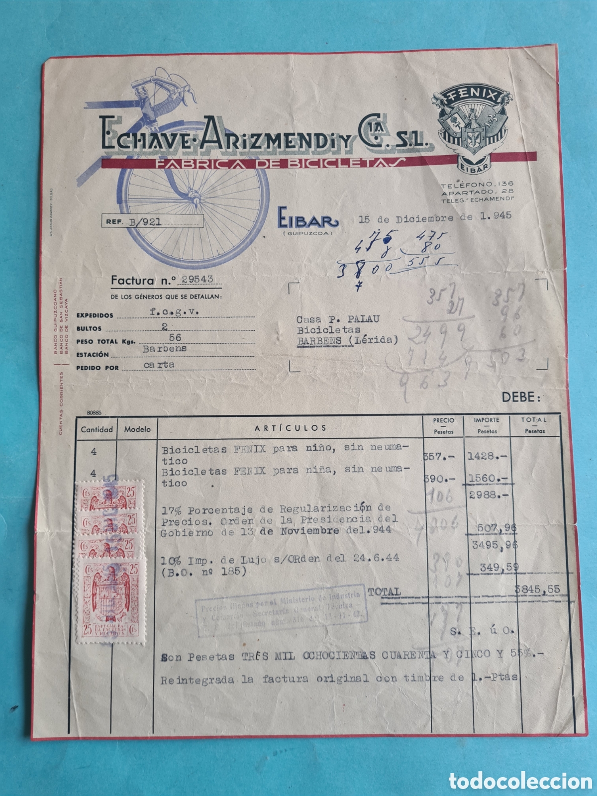 Faturas antigas: CARTA / FACTURA ANTIGUA - EIBAR (GUIPUZCOA) BICICLETAS / BARBENS (LERIDA) - 1945