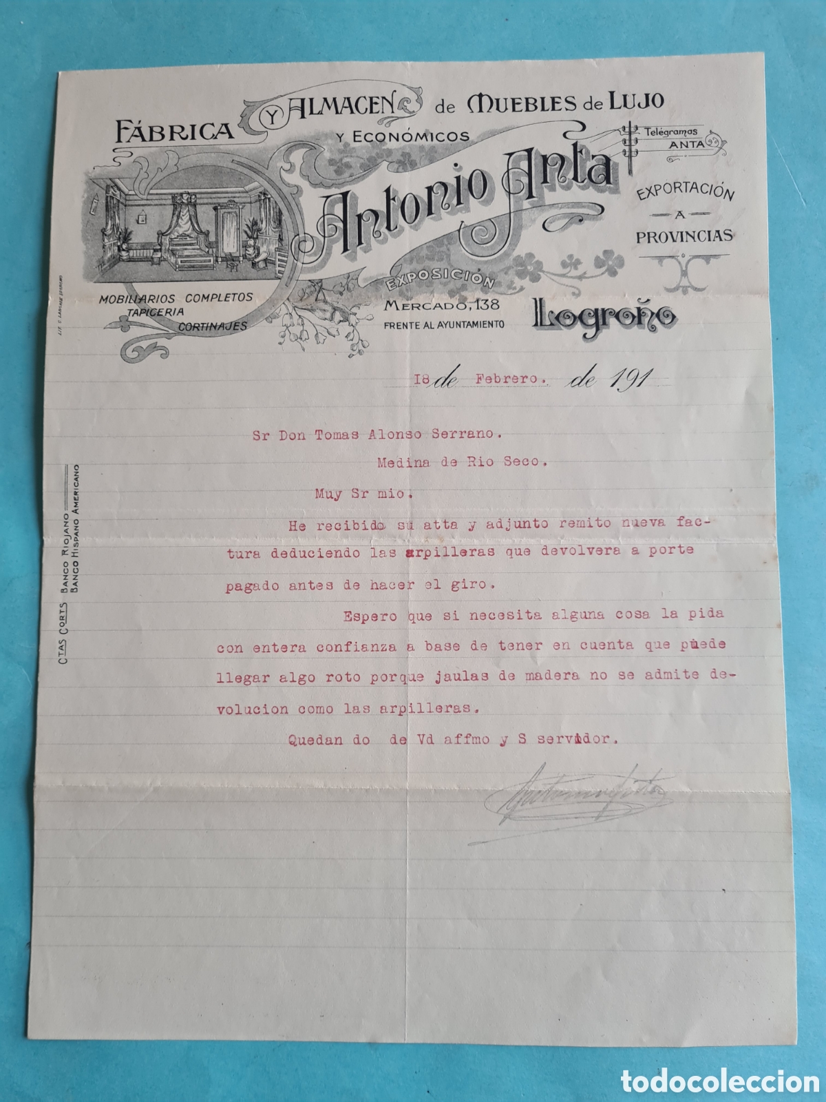 Alte Rechnungen: CARTA / FACTURA ANTIGUA - LOGRO&Ntilde;O (RIOJA) MUEBLES / MEDINA DE RIOSECO (VALLADOLID) 1922
