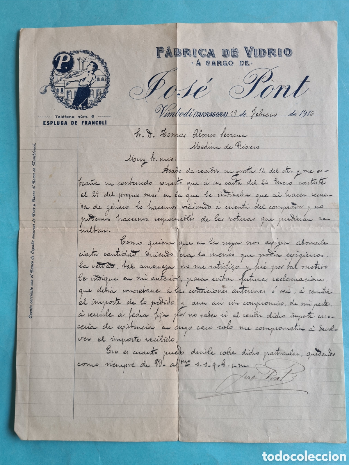 Alte Rechnungen: CARTA / FACTURA ANTIGUA - BIMBODI (TARRAGONA) VIDRIO / MEDINA DE RIOSECO (VALLADOLID) 1916