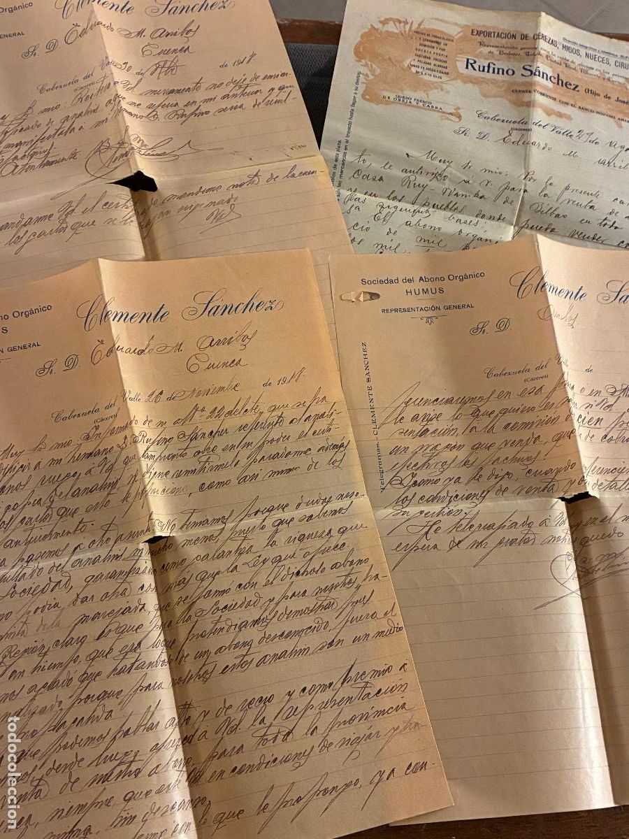 Facturas antiguas: C&aacute;ceres 4 cartas comerciales Cabezuela del Valle a&ntilde;o 1918 Rufino y Celente Sanchez Cerezas,humus,