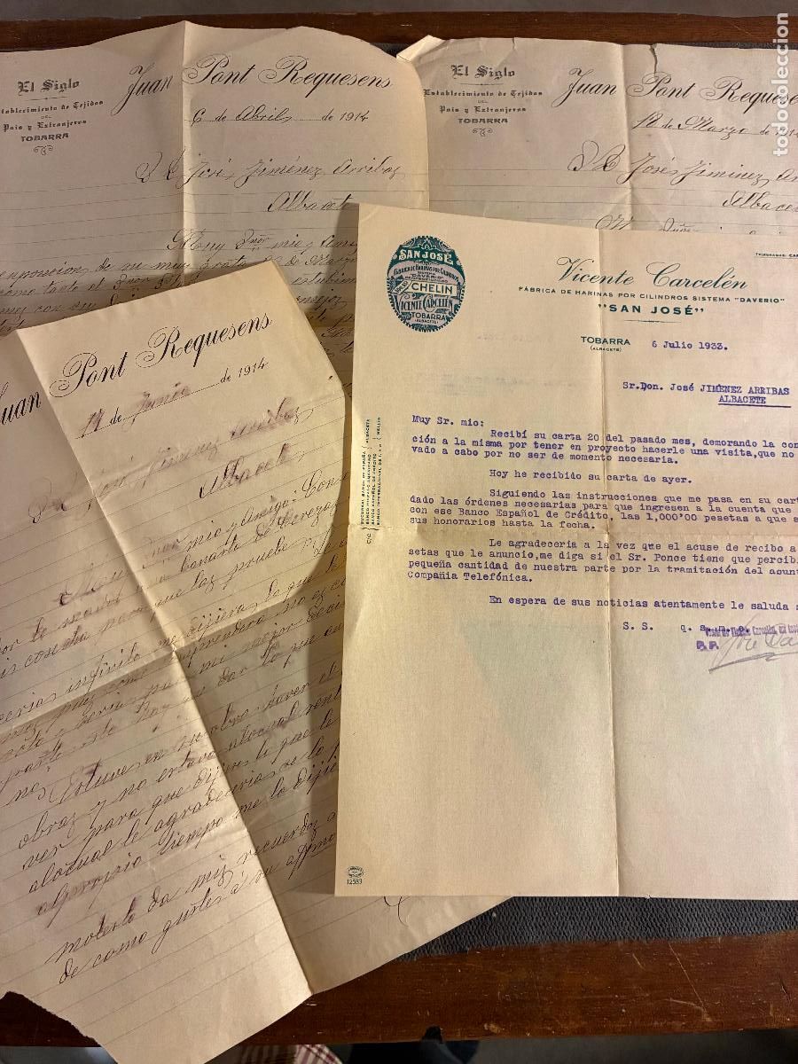 Facturas antiguas: Albacete 4 cartas comerciales Tobarra a&ntilde;os 1914y 33 El siglo tejidos harinas Chelin Vicente Carcel&eacute;n