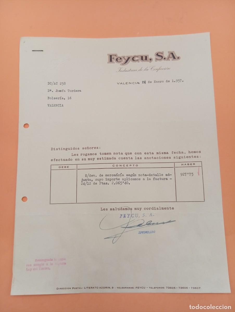 Facturas antiguas: FACTURA. VALENCIA. 1957. INDUSTRIAS DE LA CONFECCI&Oacute;N. FEYCU, S. A.