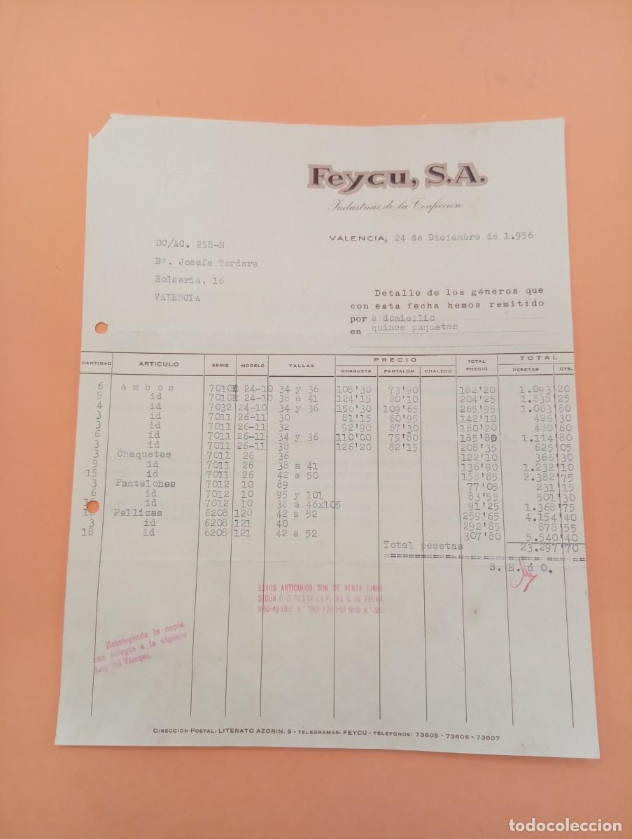 Facturas antiguas: FACTURA. VALENCIA. 1956. INDUSTRIAS DE LA CONFECCI&Oacute;N. FEYCU, S. A.
