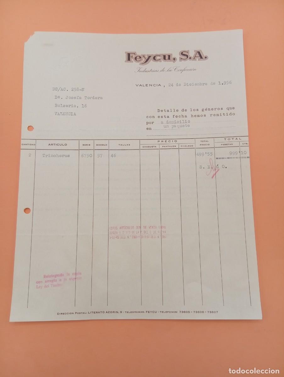 Facturas antiguas: FACTURA. VALENCIA. 1956. INDUSTRIAS DE LA CONFECCI&Oacute;N. FEYCU, S. A.