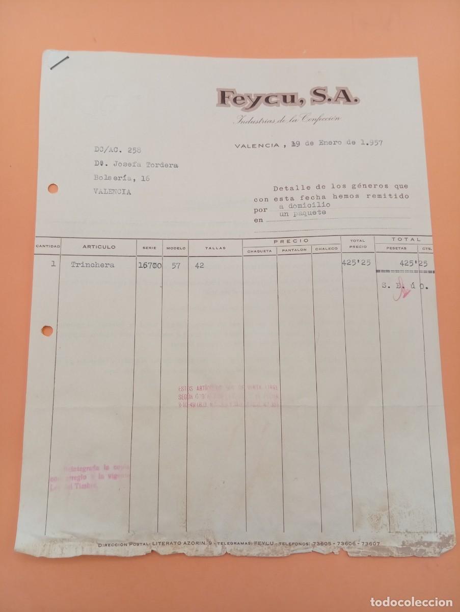 Facturas antiguas: FACTURA. VALENCIA. 1957. INDUSTRIAS DE LA CONFECCI&Oacute;N. FEYCU, S. A.