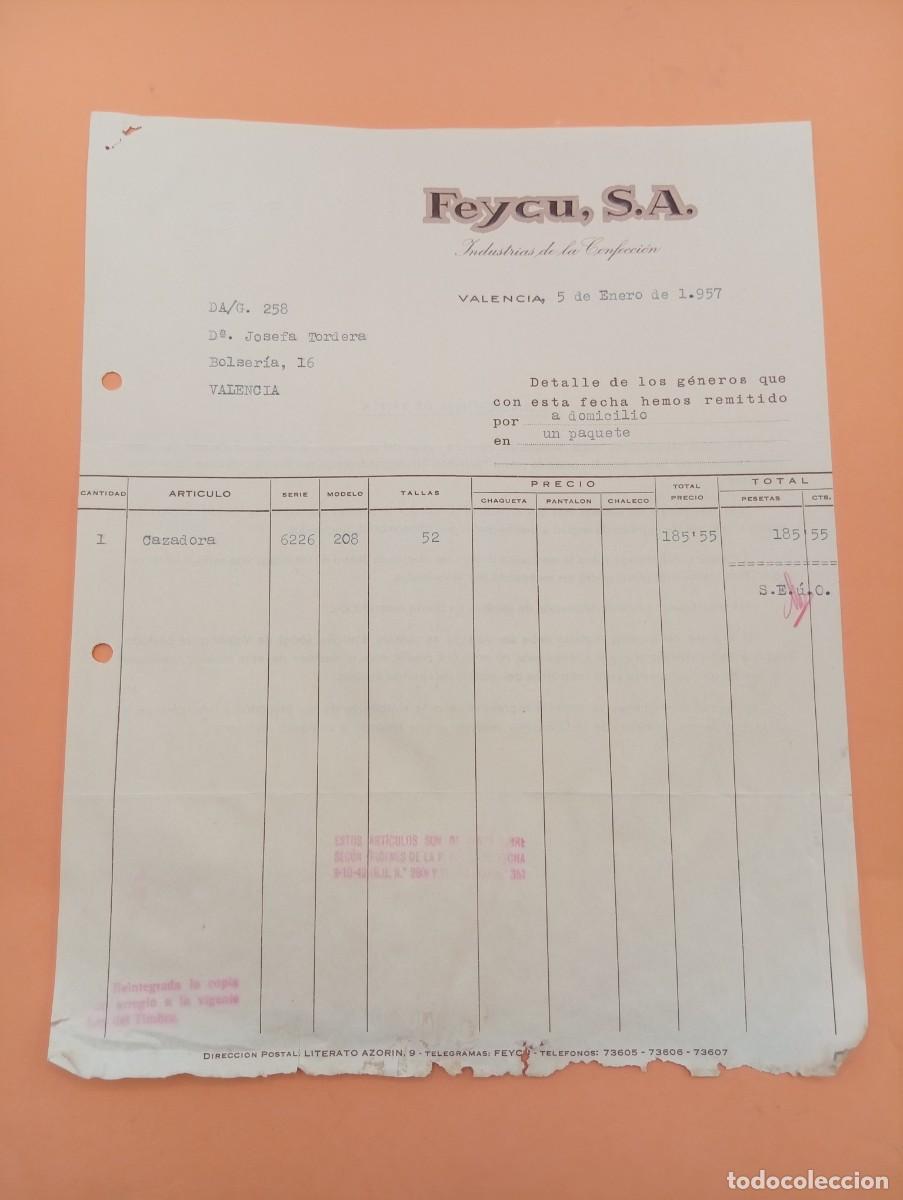 Facturas antiguas: FACTURA. VALENCIA. 1957. INDUSTRIAS DE LA CONFECCI&Oacute;N. FEYCU, S. A.